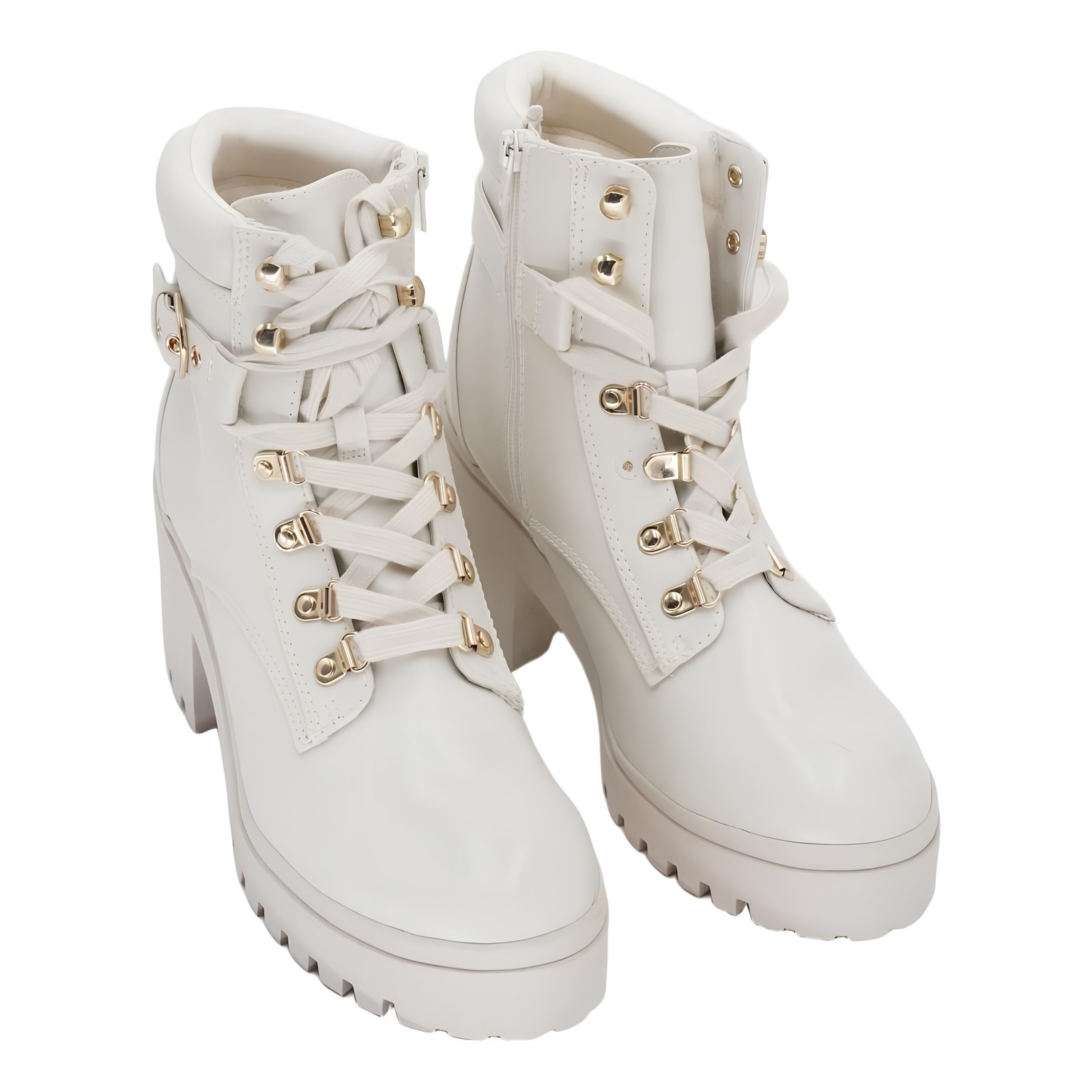 Wild Pair Bridgitt Lace-Up Side-Zip Lug-Sole Booties Bone Off-White 9.5M