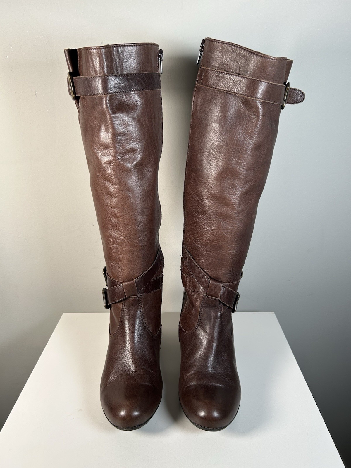 Miz Mooz Brown Brown Leather Moto Buckle Strap Hidden Wedge Boot Sz 8.5