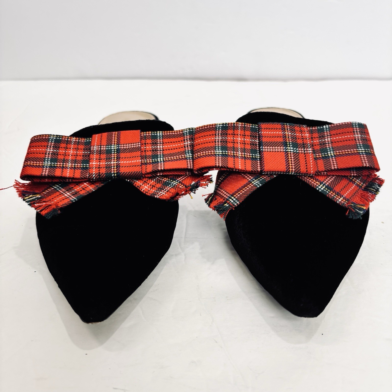 J Mclaughlin Lyon Flats Tartan Red Bow Pointed Toe Black Velvet Slide On Loafers