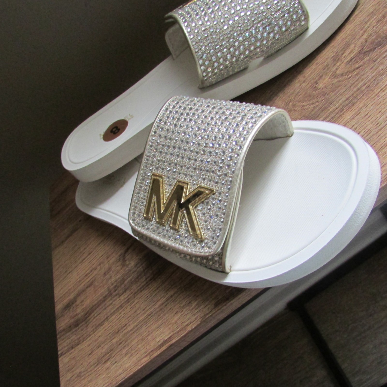 MICHAEL KORS GOLD SILVER WHITE CRYSTAL GLITTER MK LOGO DESIGNER SLIDE SANDALS-8
