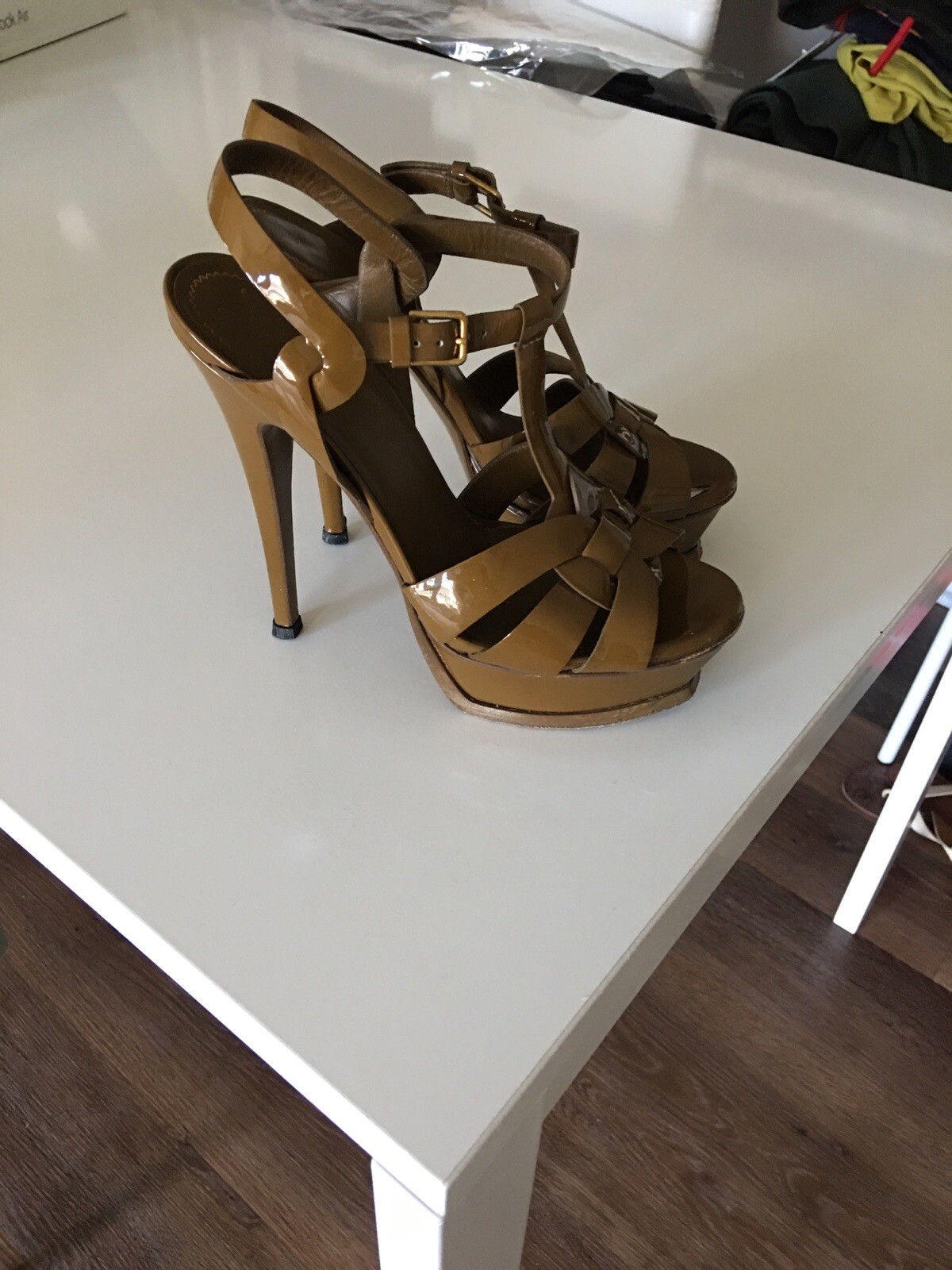 YSL YVES SAINT LAURENT TRIBUTE 105 PATENT LEATHER TAN HEELS SHOES SZ IT 36 US 6