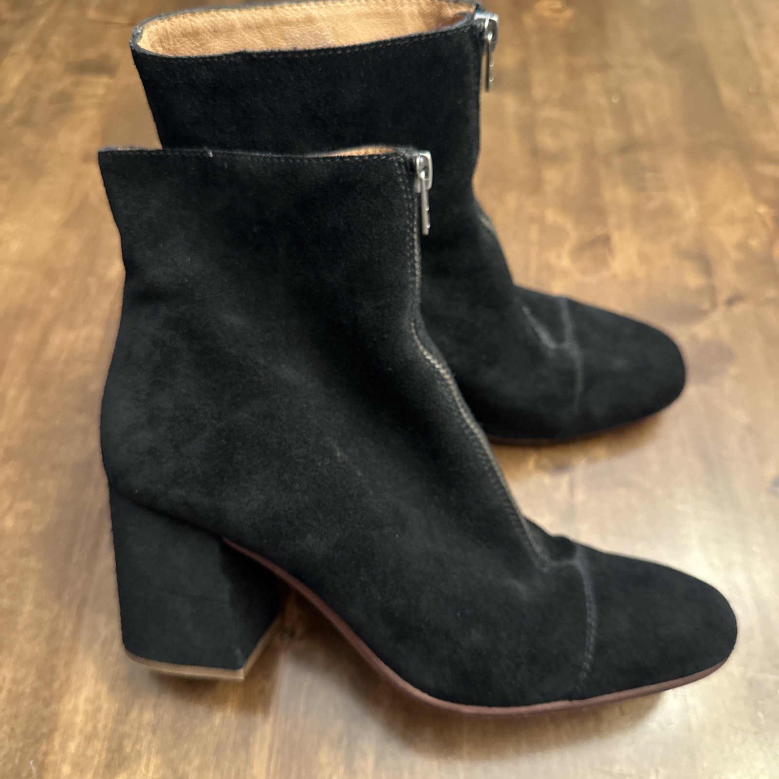 Madewell The Amalia Black Suede Front Zip Ankle Block Heel Fall Boots Size 9