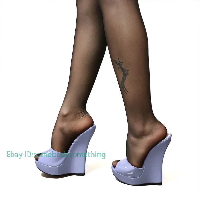 Handmade Women Summer Mules Sandals 18cm Wedges High Heels Peep Toe Shoes
