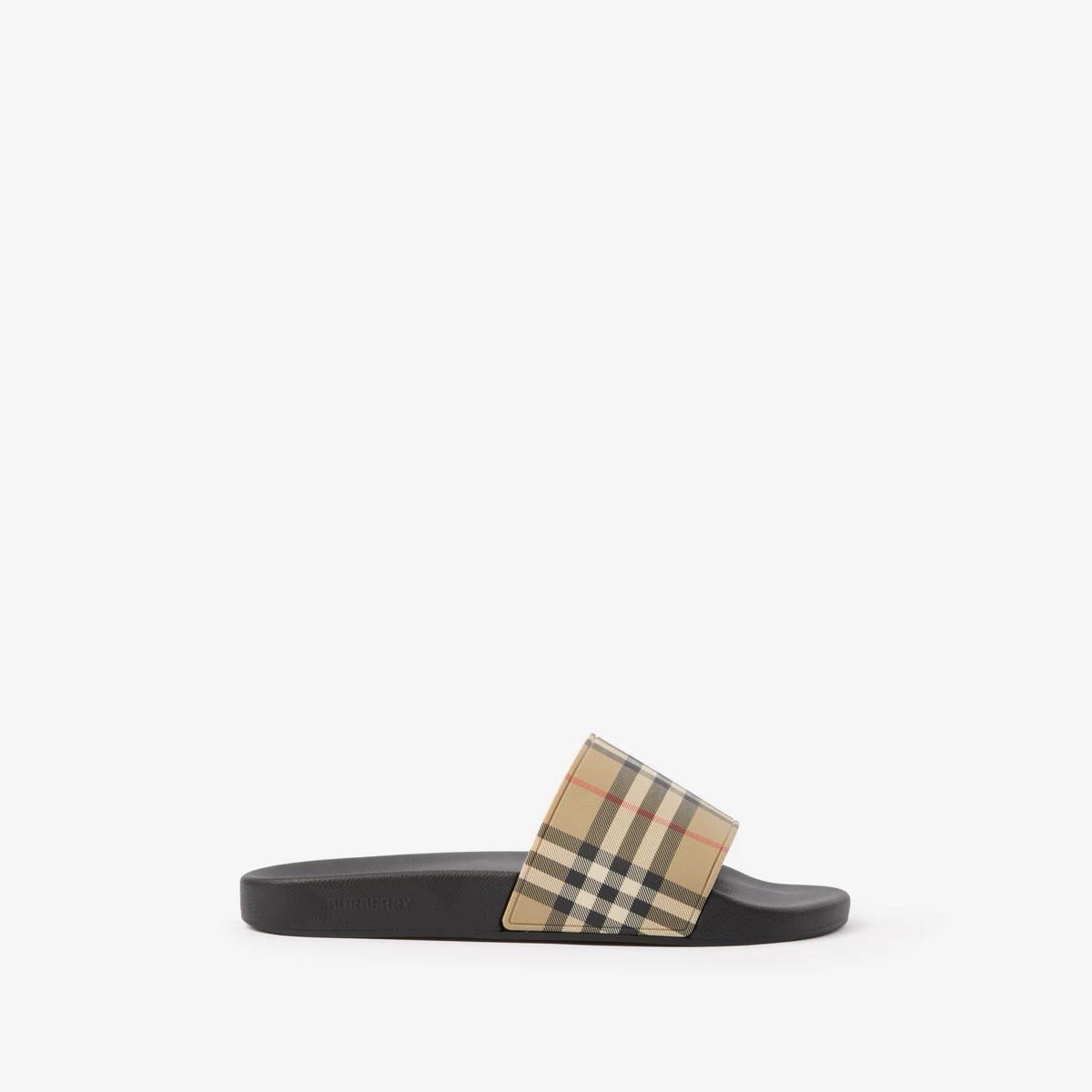 Burberry Check Slide Sandals Beige Leather Slip-On Logo Unisex US 11 NIB