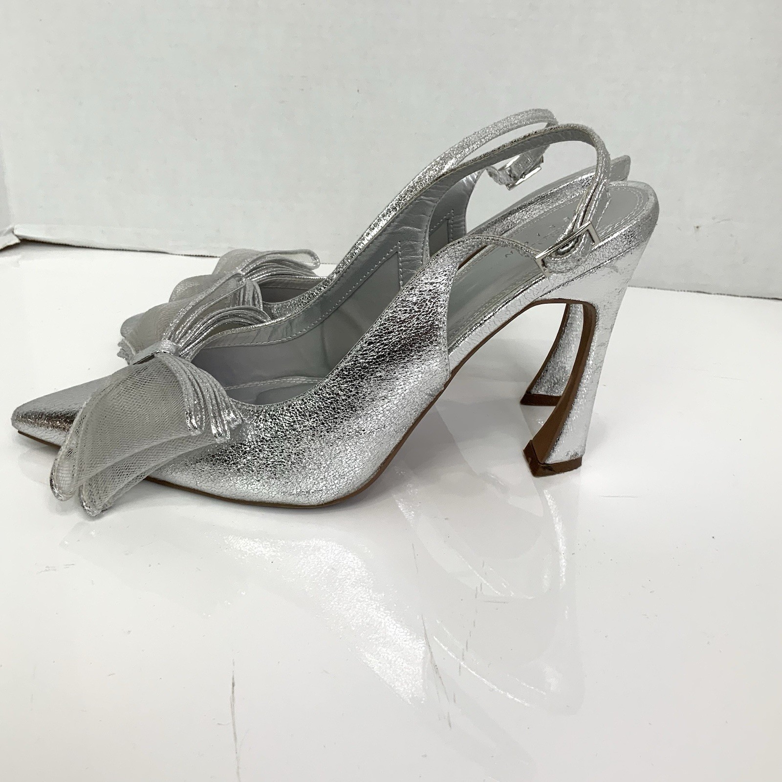 ASOS DESIGN Sz 9 Metallic Silver Princess Bow Slingback Heels Shoes Wedding