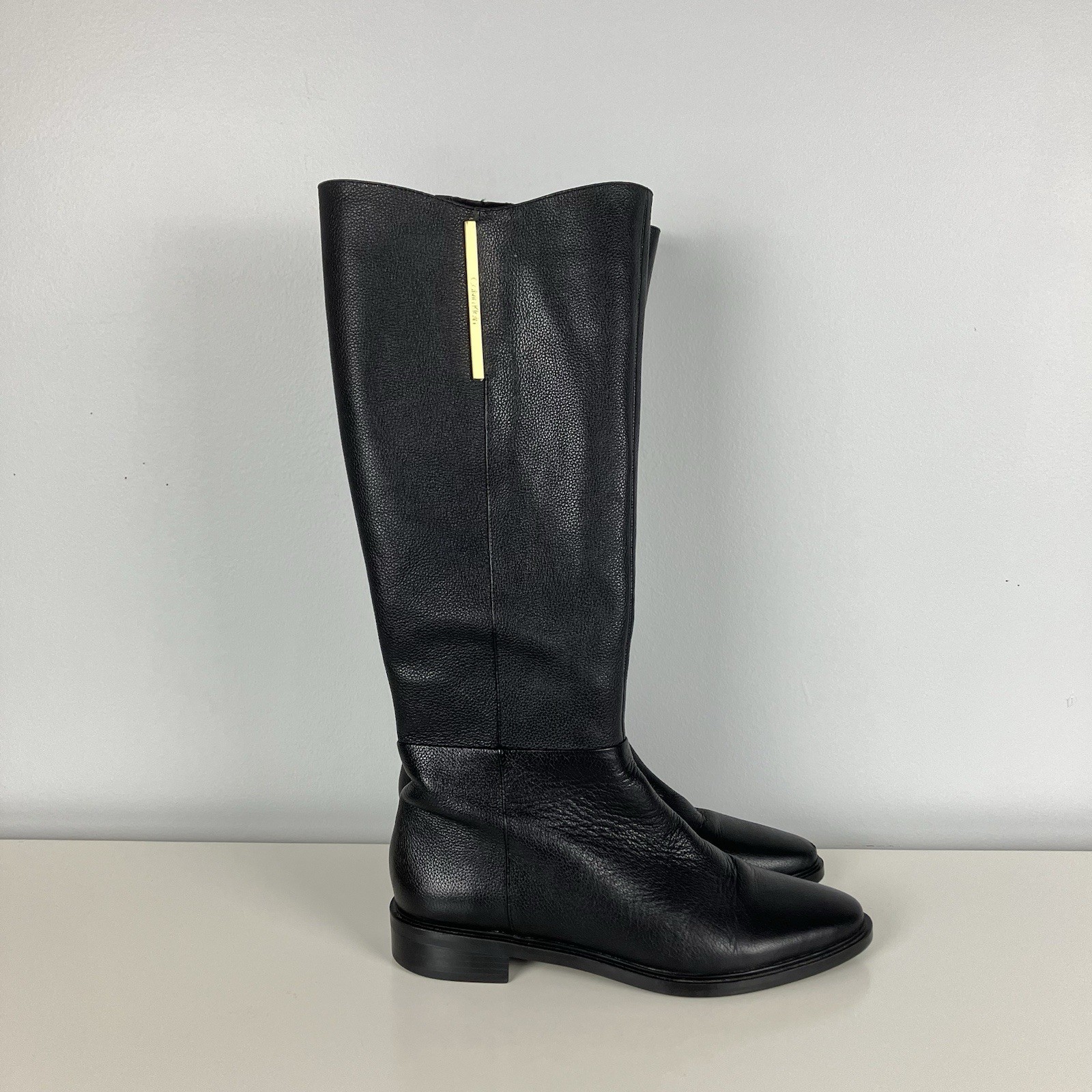 Calvin Klein Francine Tall Riding Boots Black Leather Gold Tone Logo Womens 6.5