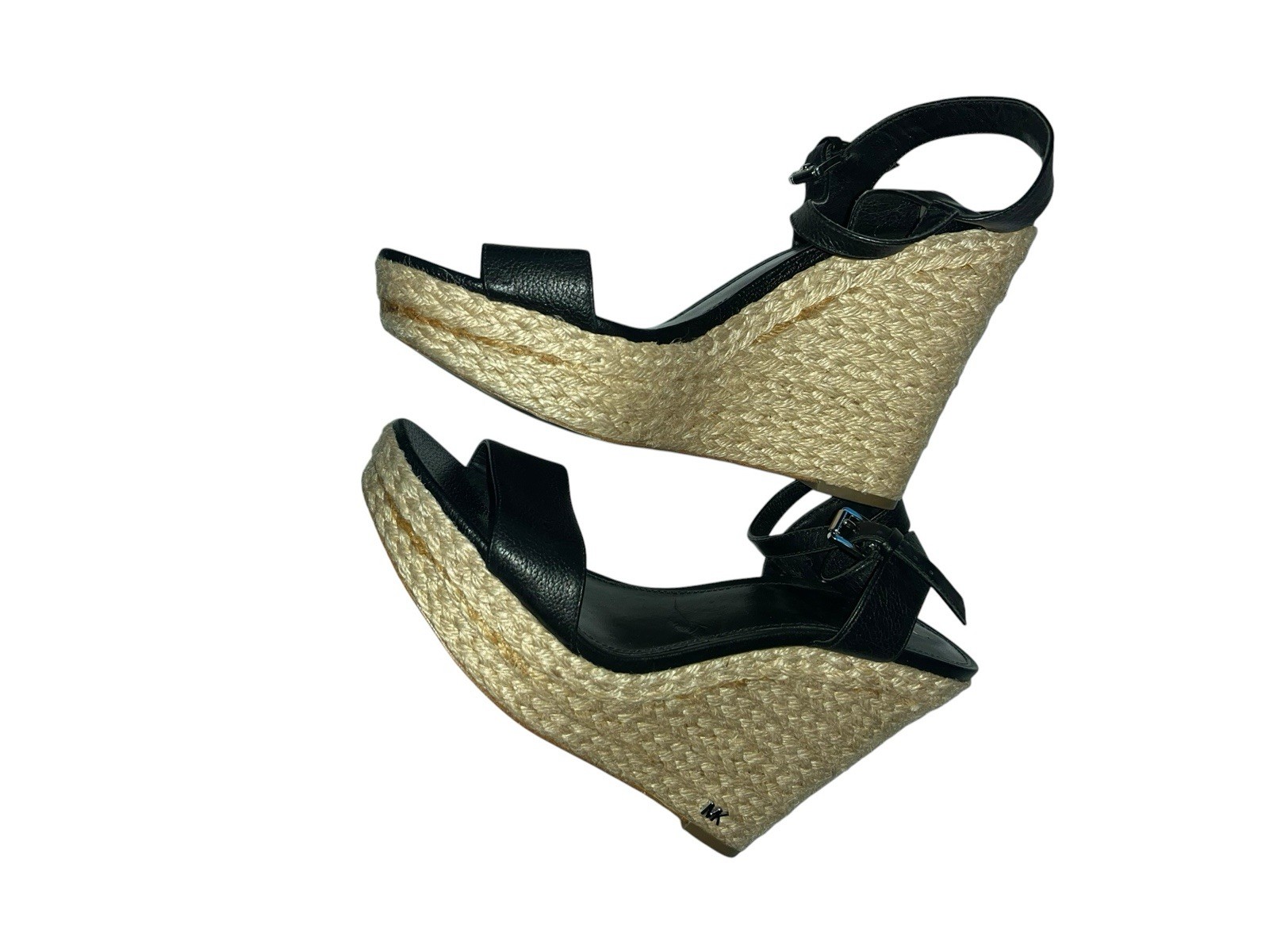 Michael Kors Black Espadrille Platform Wedge Sandals Buckle Strap Logo US 10M