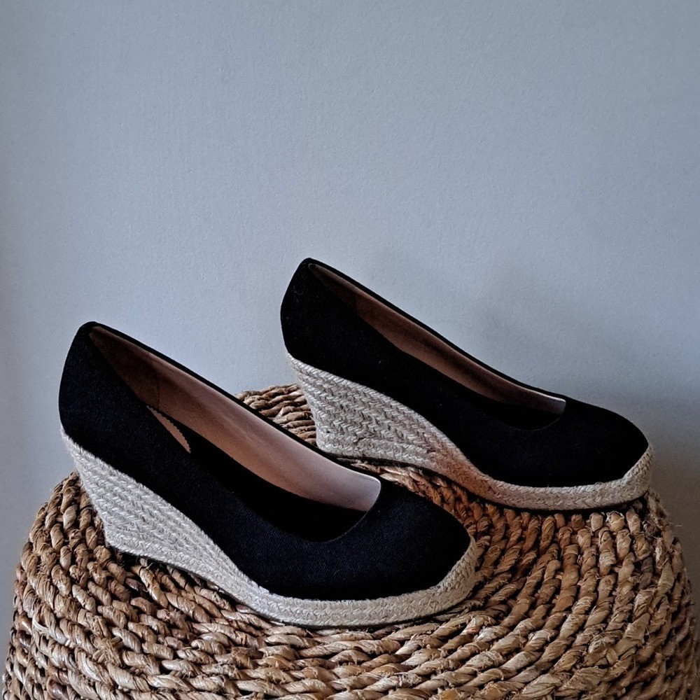 J.CREW Womens Classic Preppy Summer Black Canvas 3.25″ Wedge Espadrilles S-8