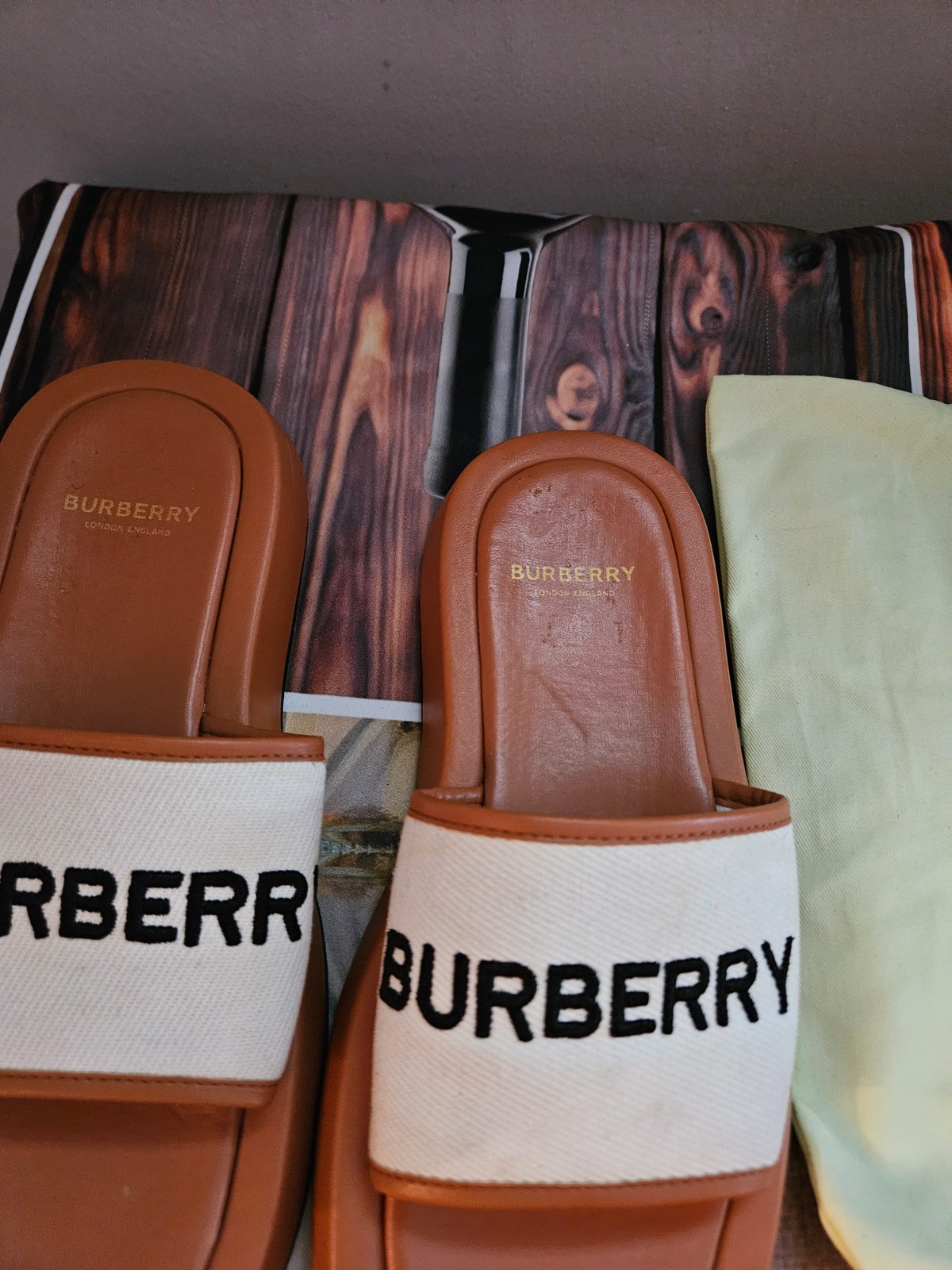Burberry Bucking Brown Logo Slides In Canvas & Leather Sz 11 (Original Box}
