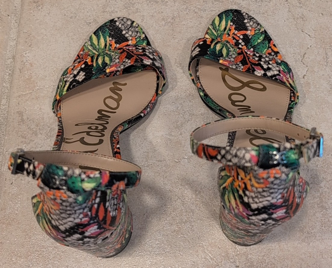 SAM EDELMAN Yaro Ankle Strap Floral Snakeskin Pattern Block Heel Sandals Sz 10M