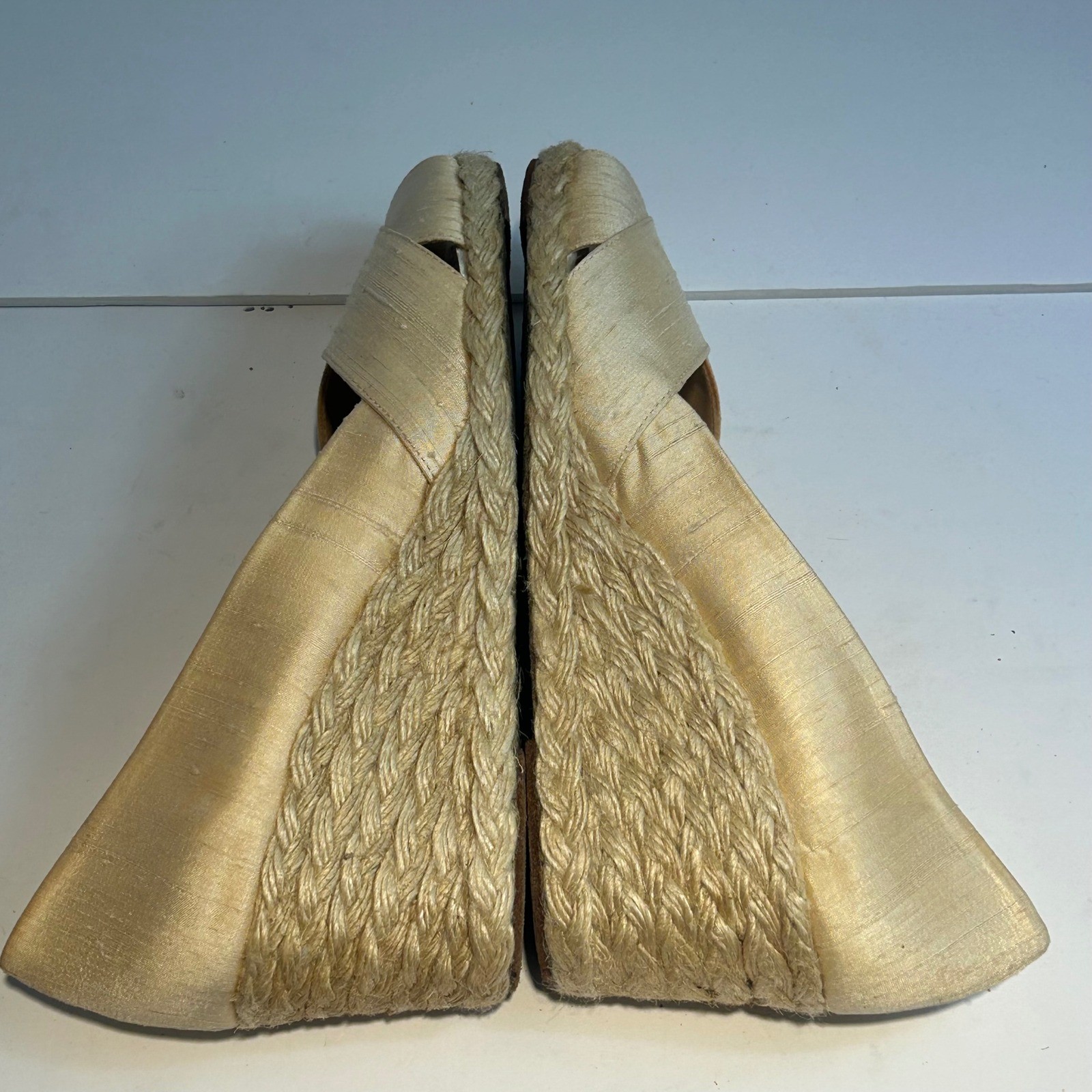 Lauren Ralph Lauren Cecilia Parchment Shantung Espadrille Wedges Gold 9B Spain