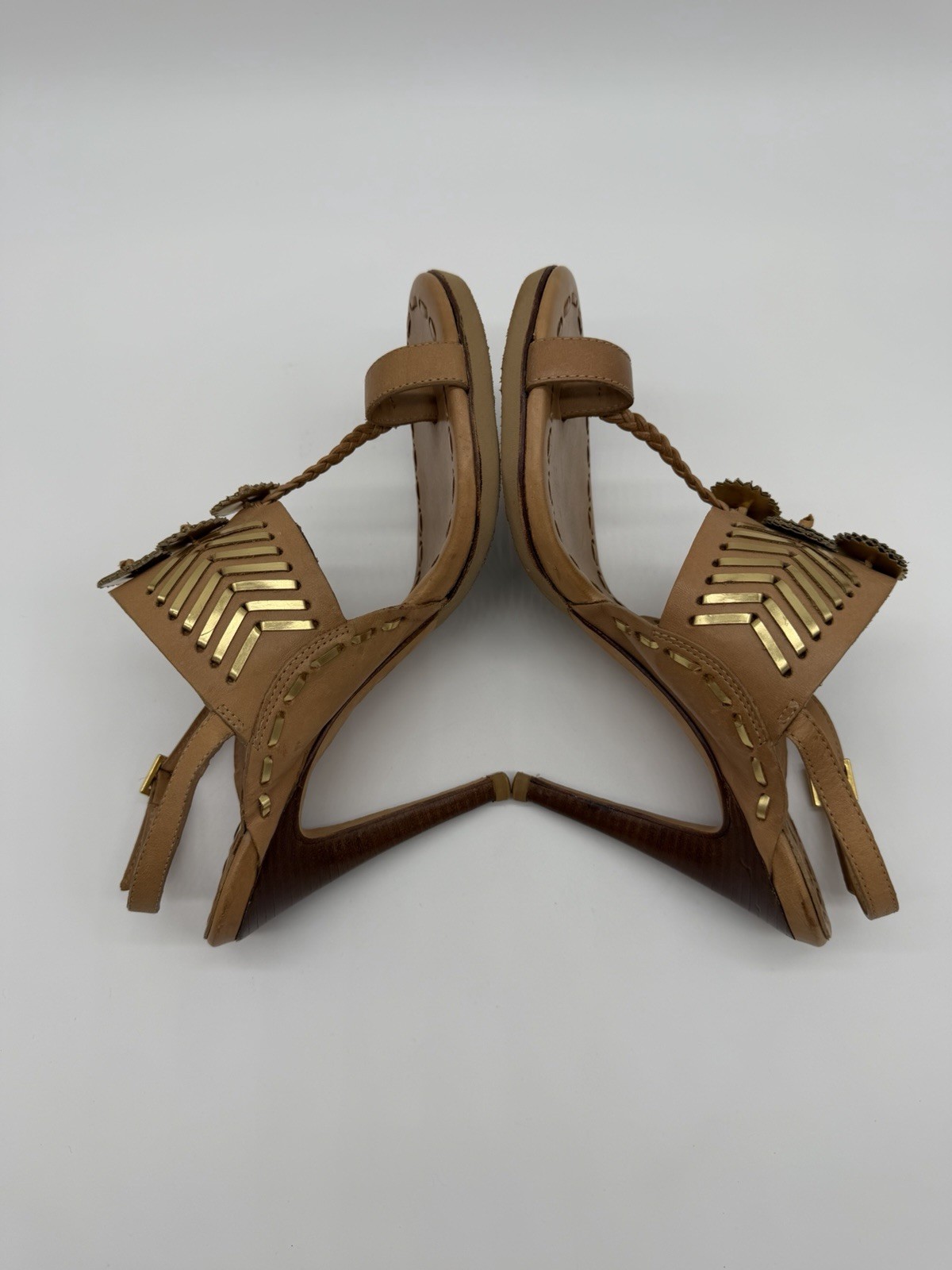 Tory Burch Caylan Leather Sandals Tan Gold Toe Ring Boho Style Heels Tribal Sz 8