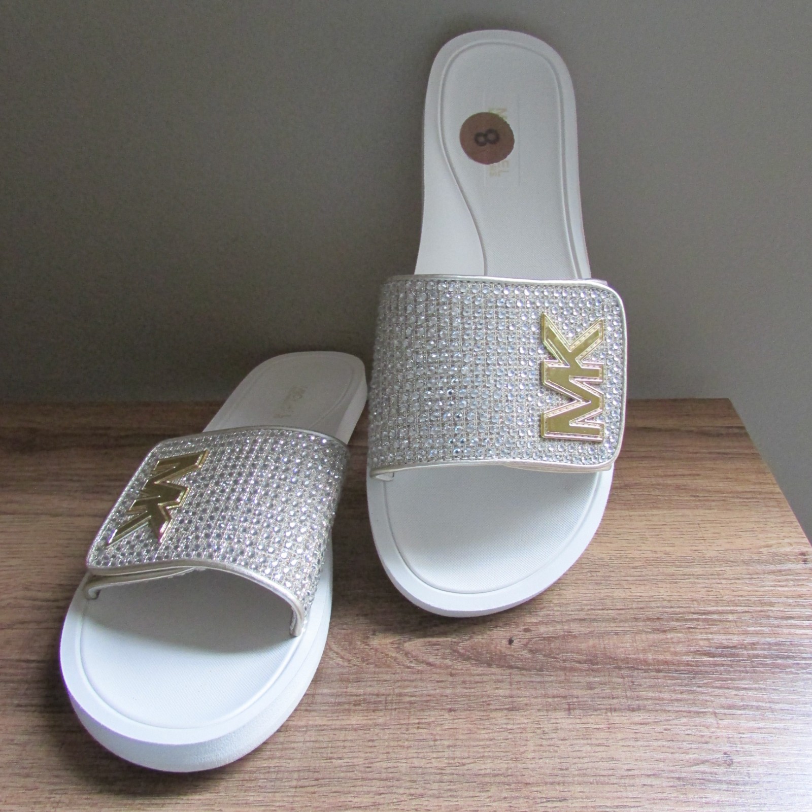 MICHAEL KORS GOLD SILVER WHITE CRYSTAL GLITTER MK LOGO DESIGNER SLIDE SANDALS-8