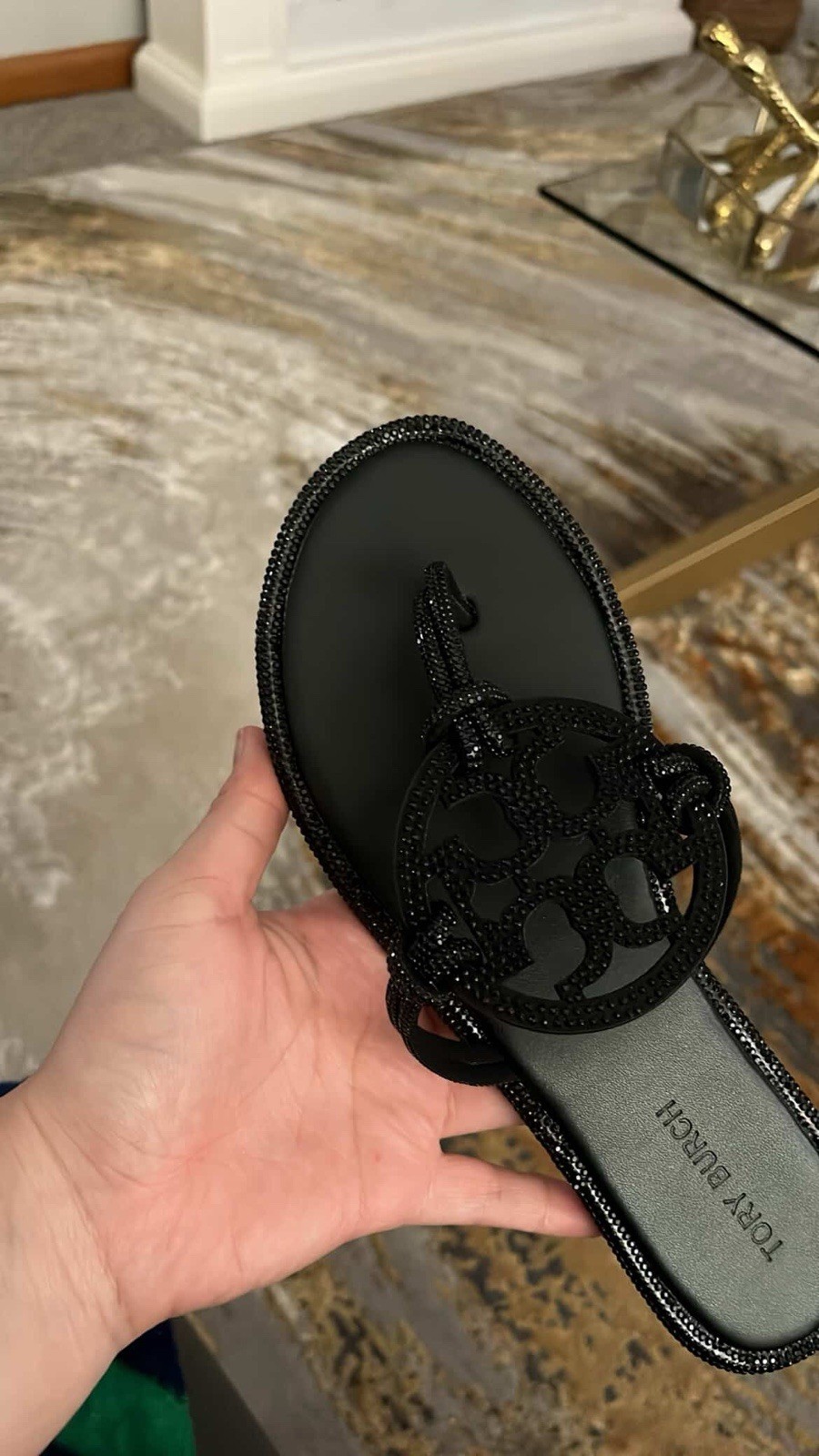 Tory Burch Black Leather Beaded Logo Thong Flat Comfort Women’s Sandal Size 6