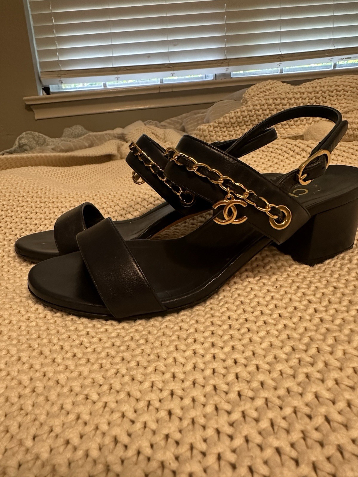 Navy Blue Chanel Chunky Heel Sandals with Gold Chain Size 36 Made In Italy
