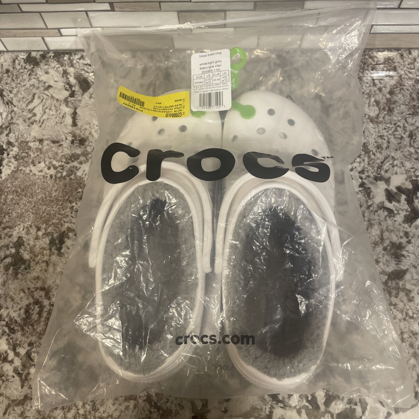 Size M10/W12 Crocs Baya Lined Clog Slip On White/Grey 205969-11H NEW