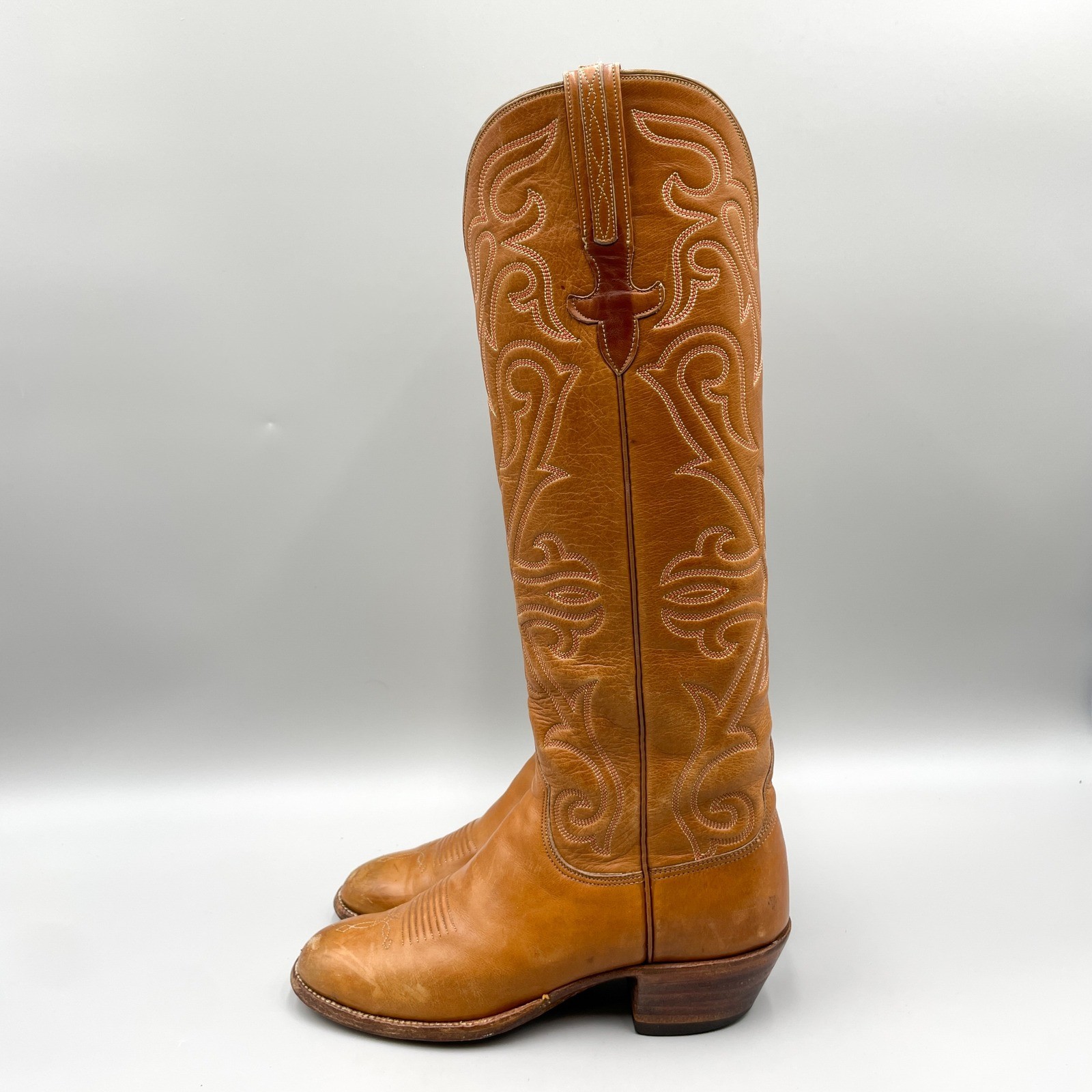 Vintage Lucchese Womens 6B Tan Leather Tall Western Cowboy Riding Boots Coastal