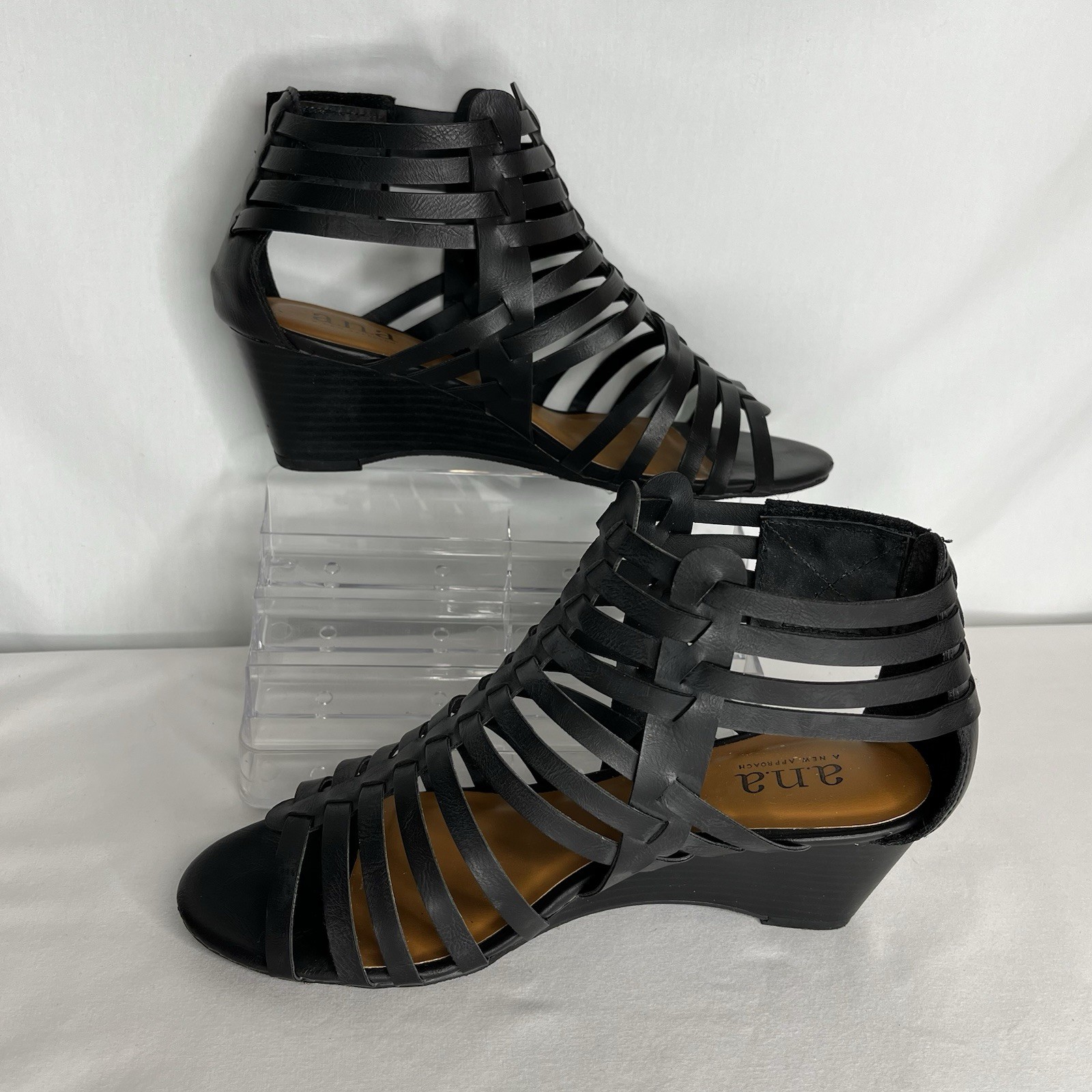 A.N.A. Meadow Wedge Sandals Womens 7.5W Black Gladiator Strappy Comfort