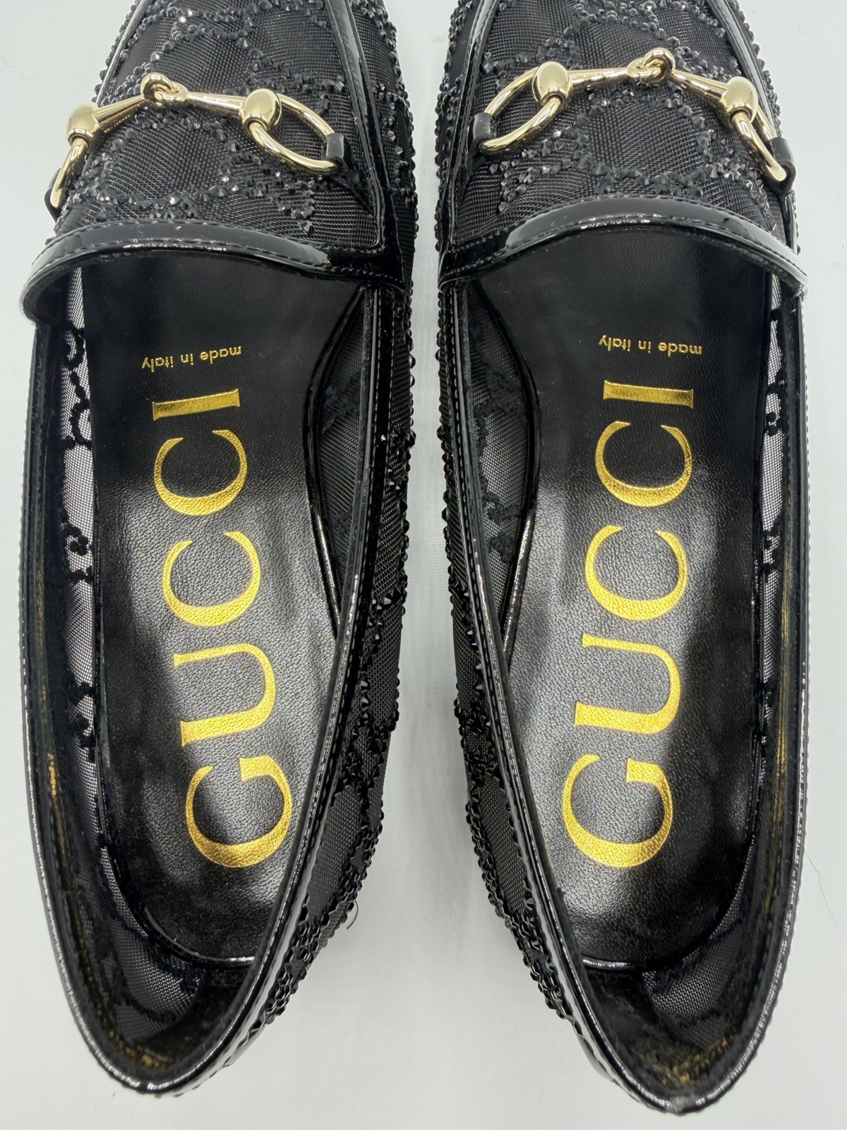 NIB Gucci GG Monogram Logo Crystal Rhinestone Jordaan See Through Mesh Loafers