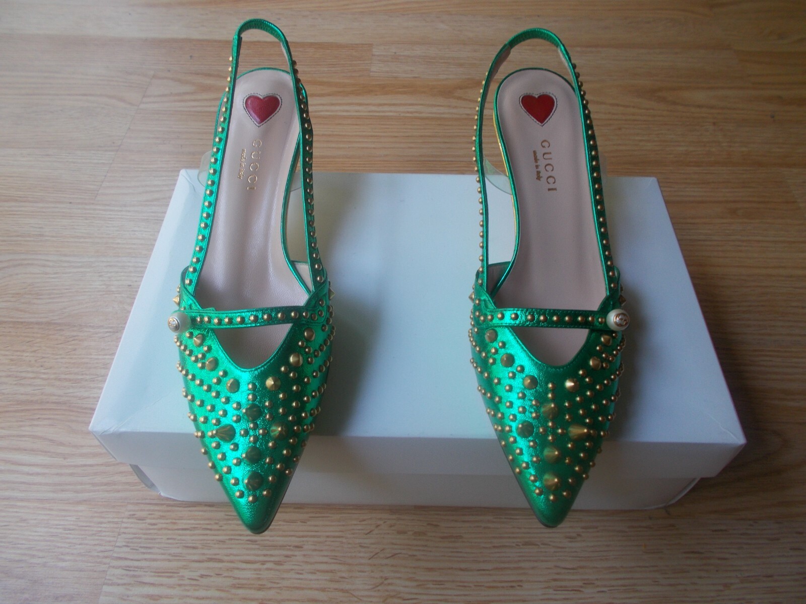 $1410 Gucci Unia Metallic Spike Studded Pearl Sandals Bamboo Heels 36 US 6 NEW