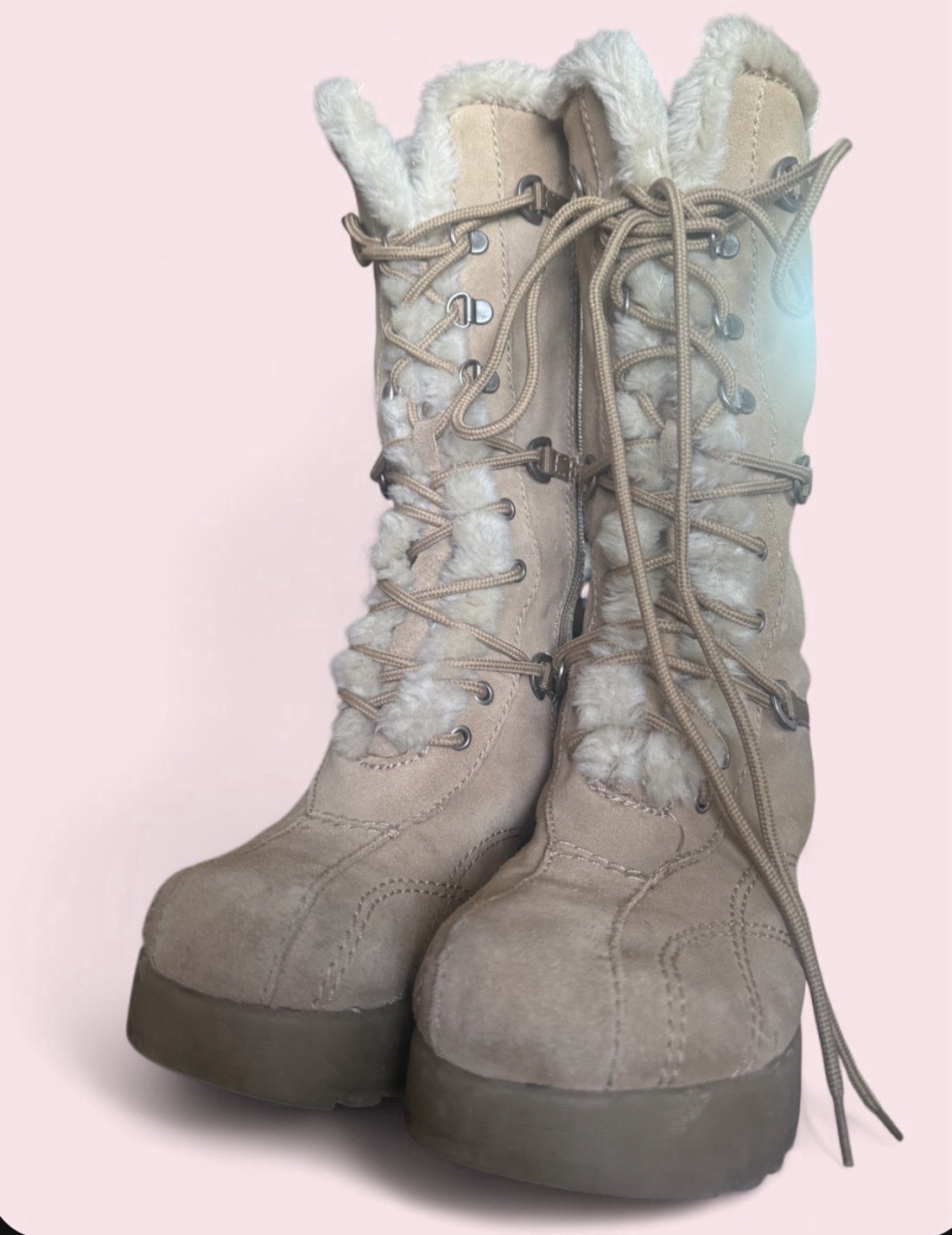 Y2K Vintage Report US W8 Beige Suede Knee High Lace Up Faux Fur Lined Boots