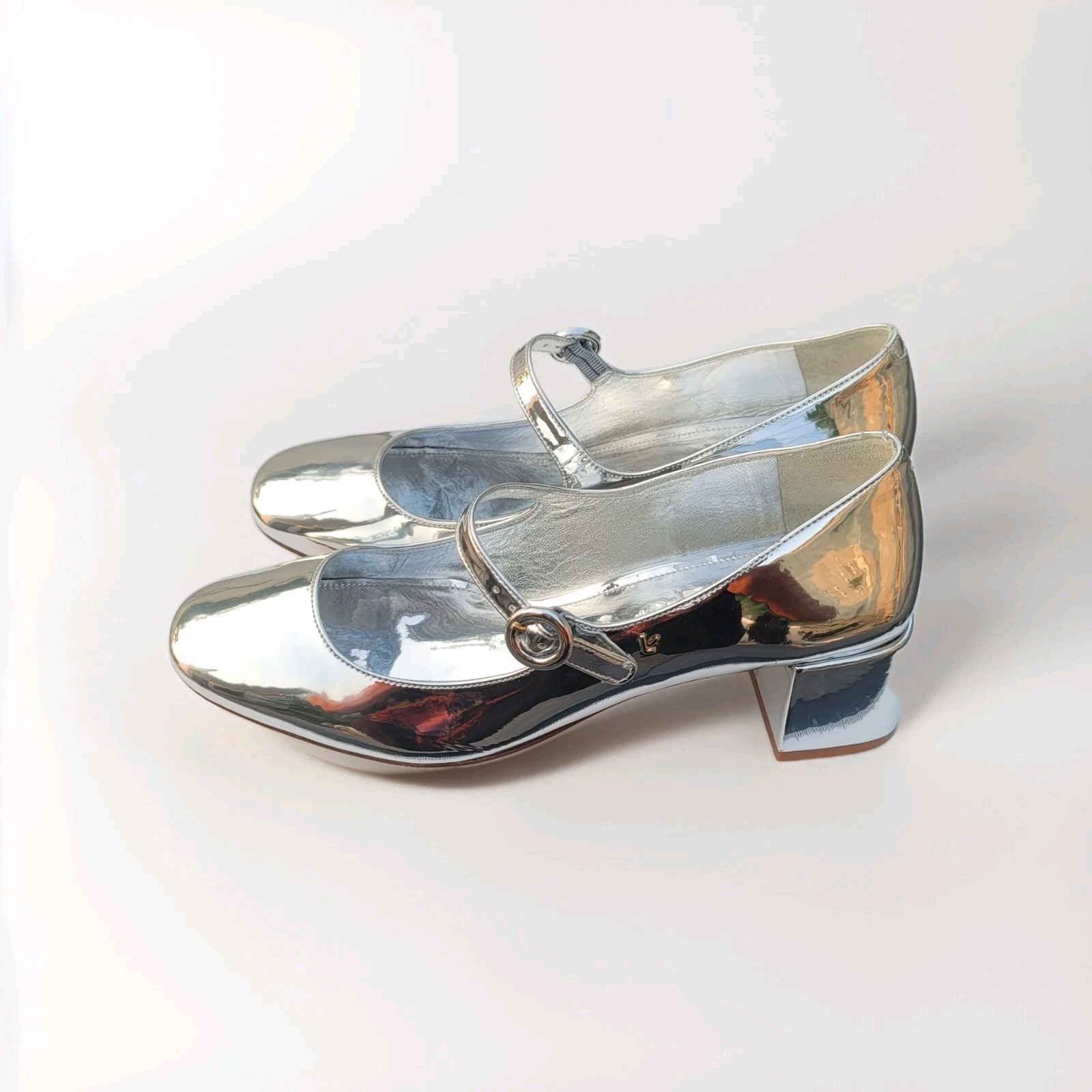 ​Larroude Blair Mary Jane Silver Specchio Leather Block Heel Pump Shoes Womens 9