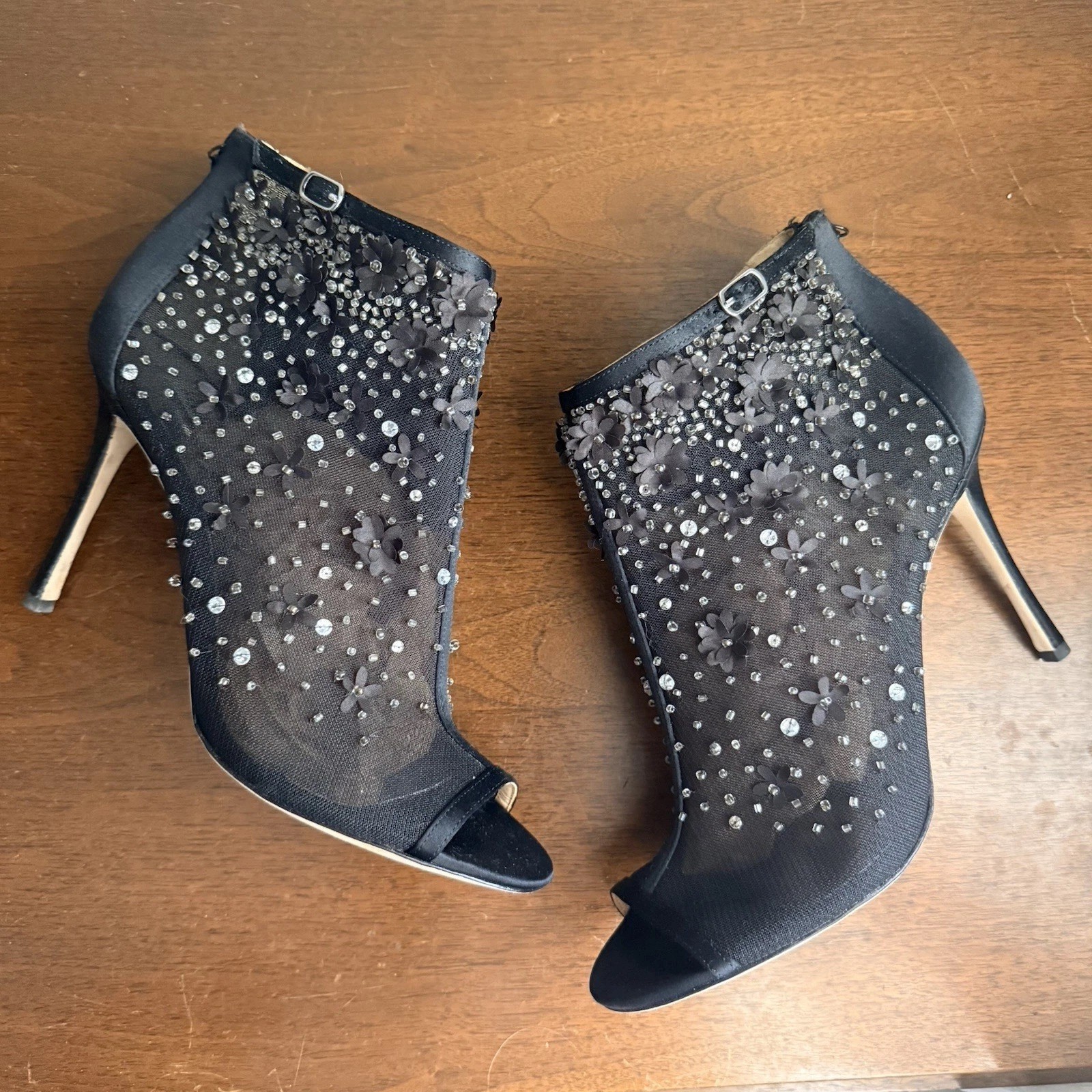 Badgley Mischka Isadora Black Satin Peep Jewel Floral Embellished Booties Sz 9 M