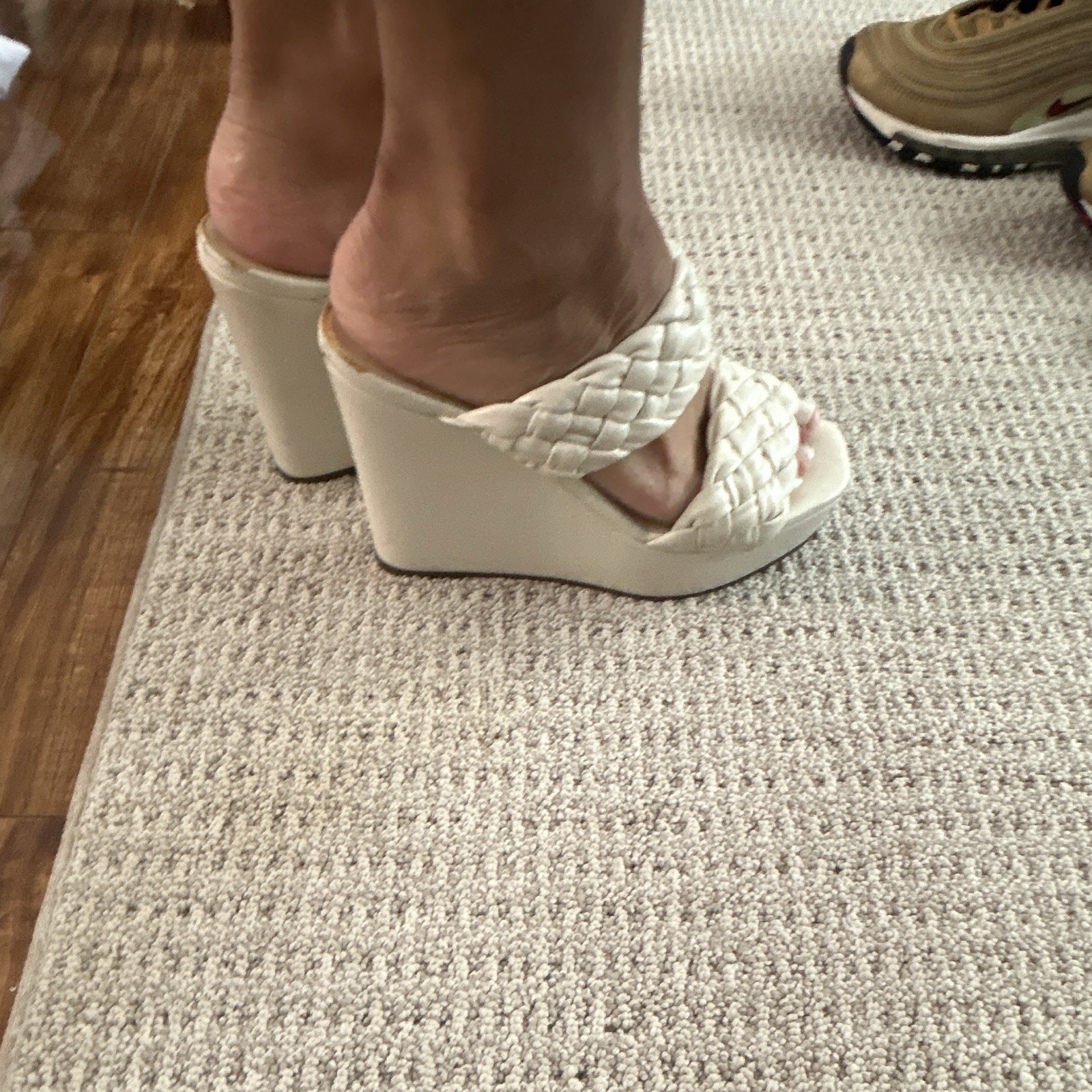 Nine West Women’s Beige Leather Braided Strap Slip-On Wedge Sandals 6