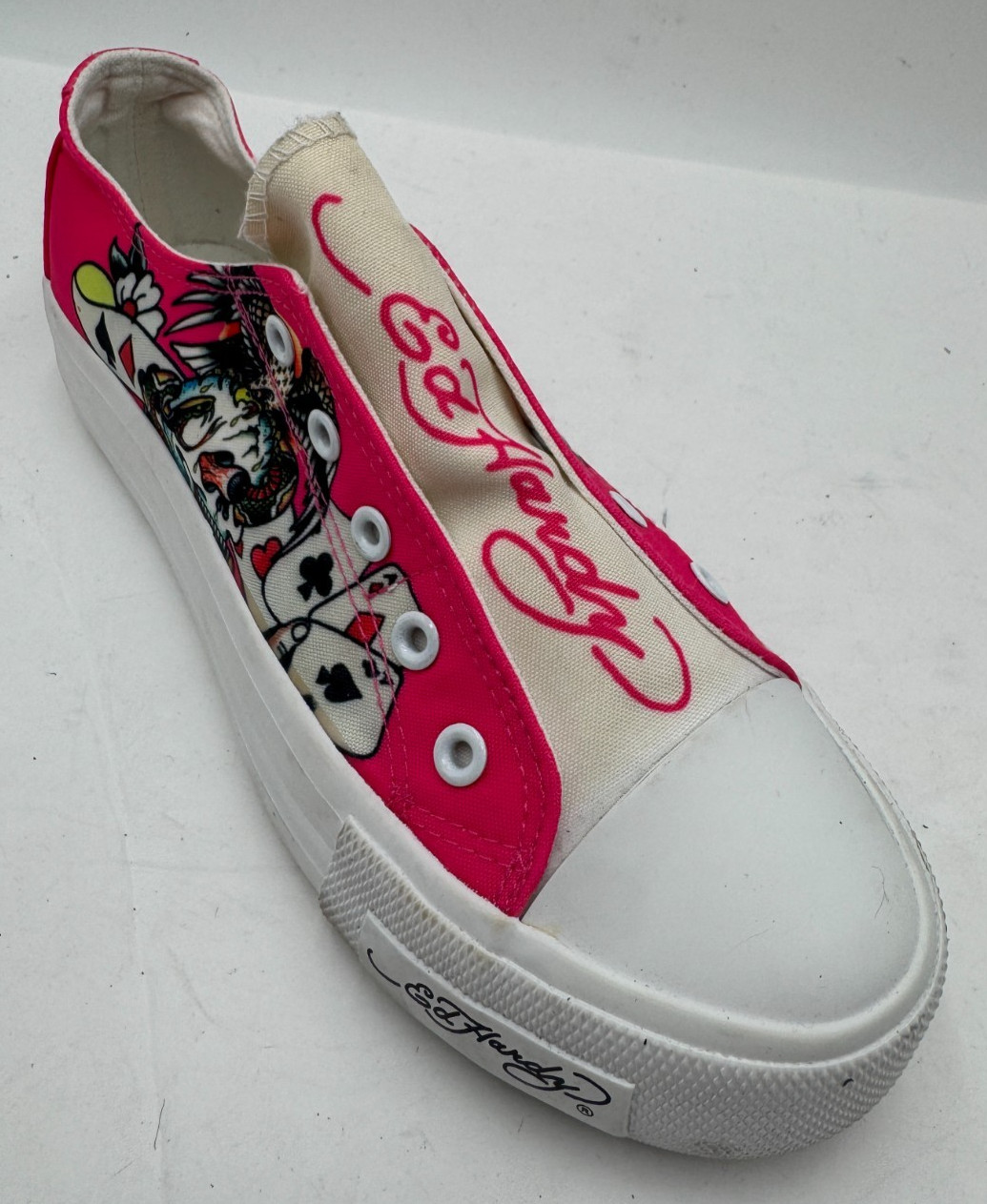 Ed Hardy Poppy-114L Women’s Sneakers 8.5 Pink White Canvas Skull Wings Shoes