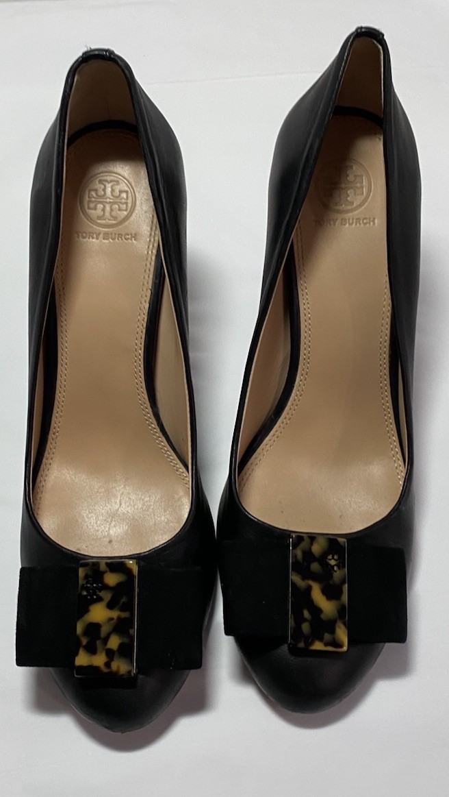 Tory Burch Black Chase100 Pump Napa Leather Heels Sz 10.5 M Kid suede bow