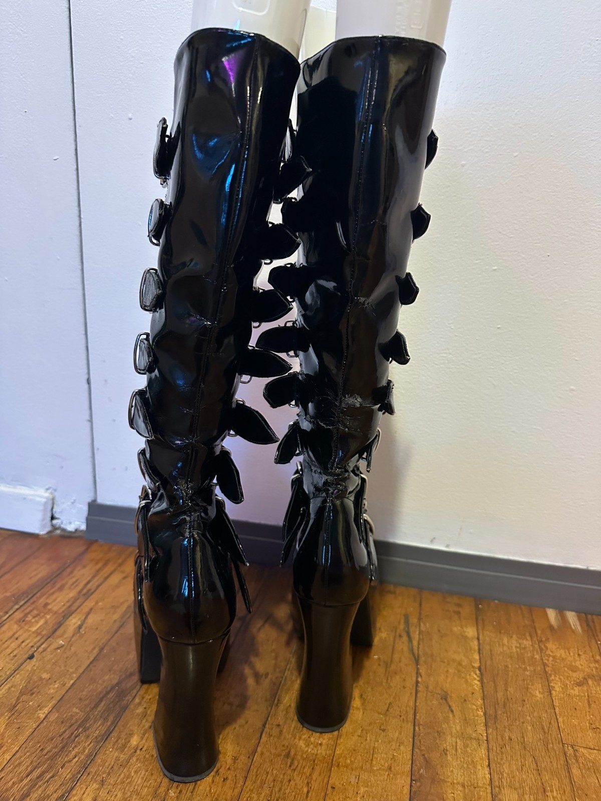 Demonia knee-high Patent Leather Boots, s8, silver hardware adjustable buckles