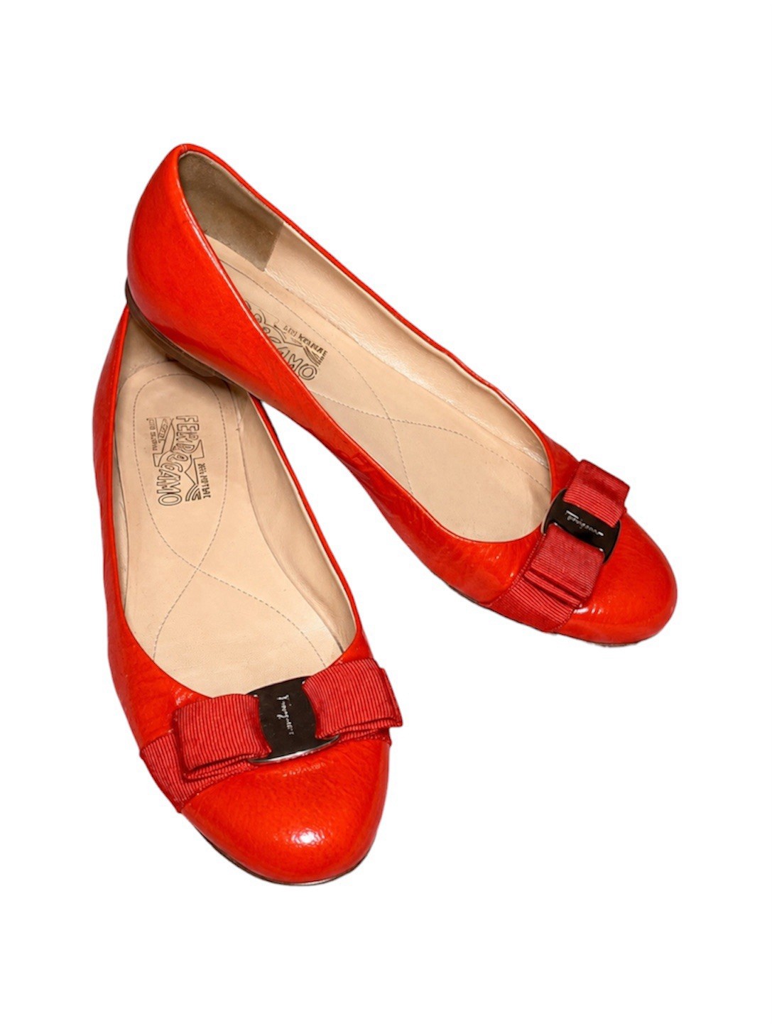 Salvatore Ferragamo Red/Orange Patent Vara Bow Ballet Flats