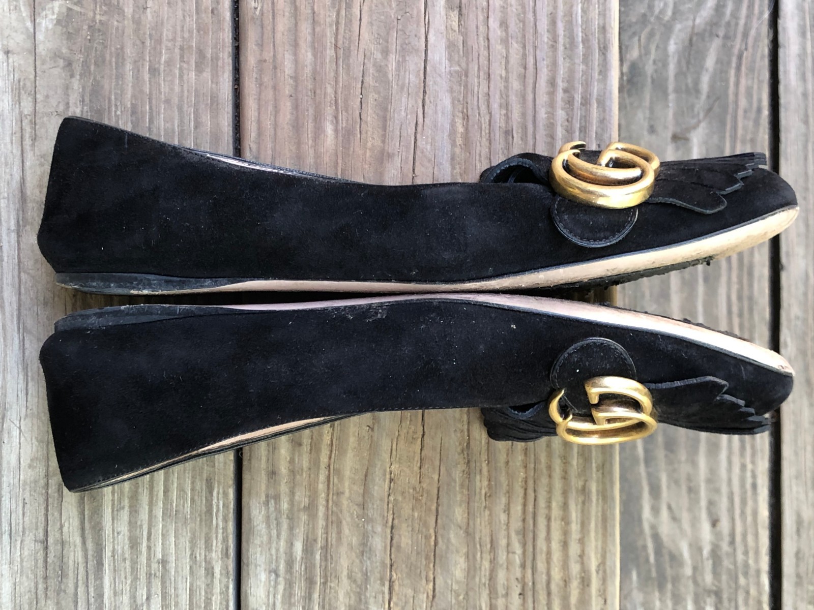 Gucci Black Leather Suede GG Marmont Fringe Ballet Flats Loafers Size 36.5-6.5