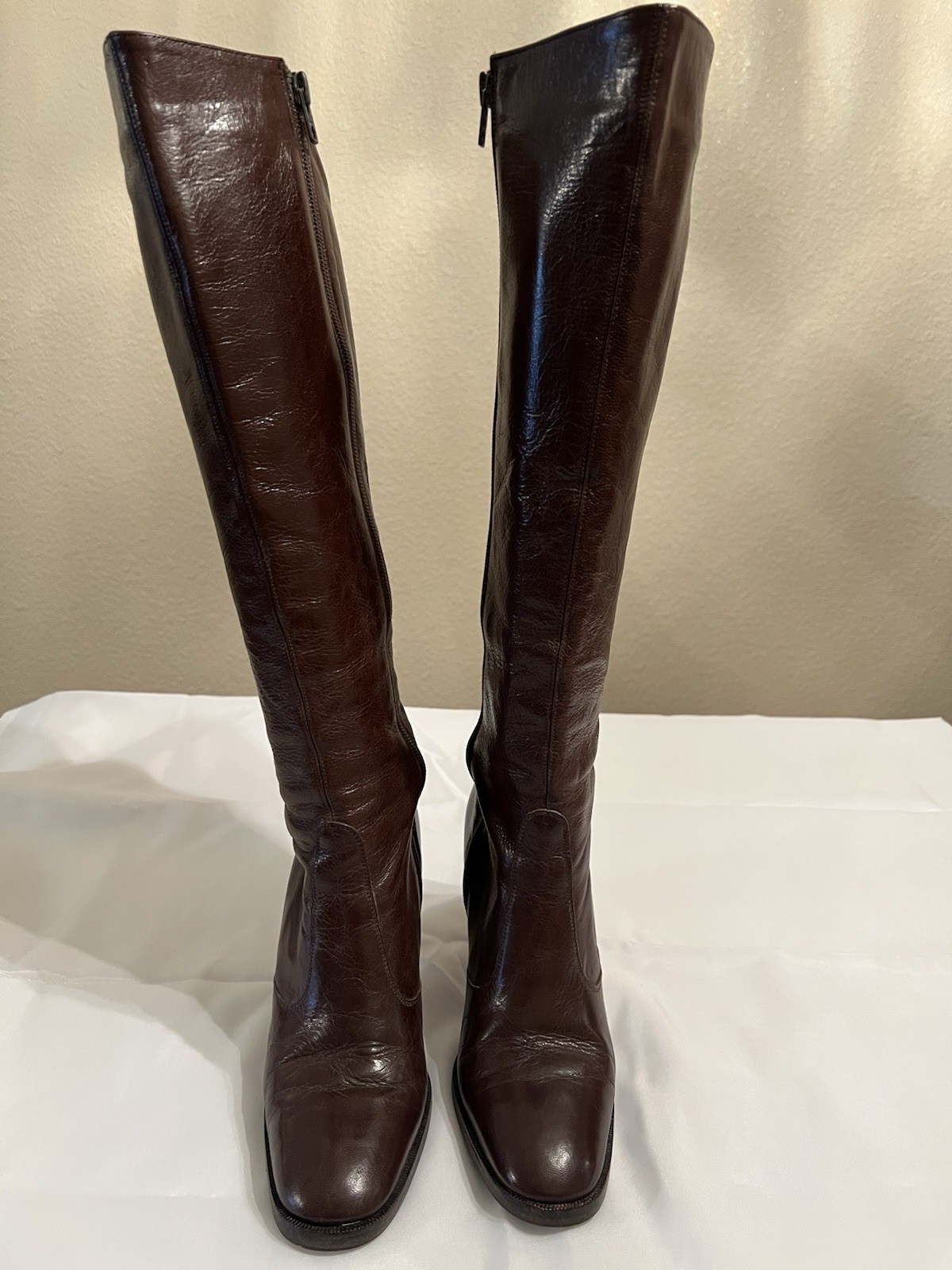 70s Vintage Halston Brown Leather Knee High Boots Womens 7M Block Heel Zip Italy