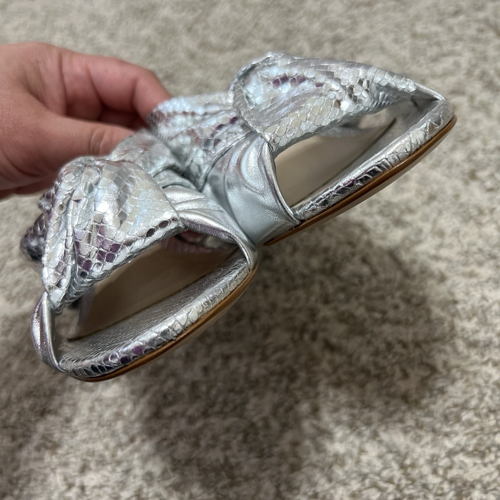 SCHUTZ Mindy Mid Metallic Silver Leather Block Heel Sandals Size 6