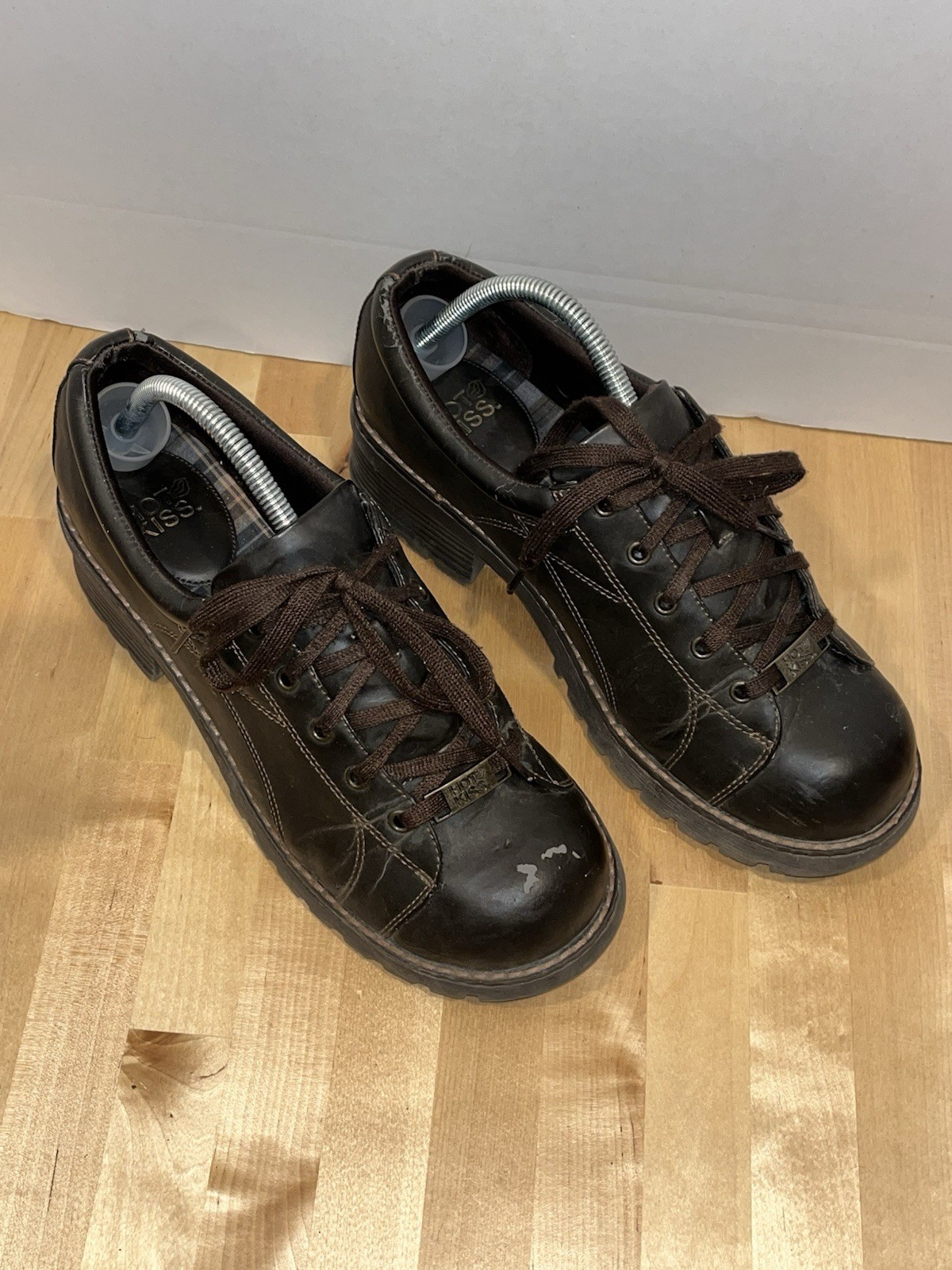 Vtg Y2K Hot Kiss Platform Chunky Brown Leather Oxfords Punk Grunge Lace-up ALT
