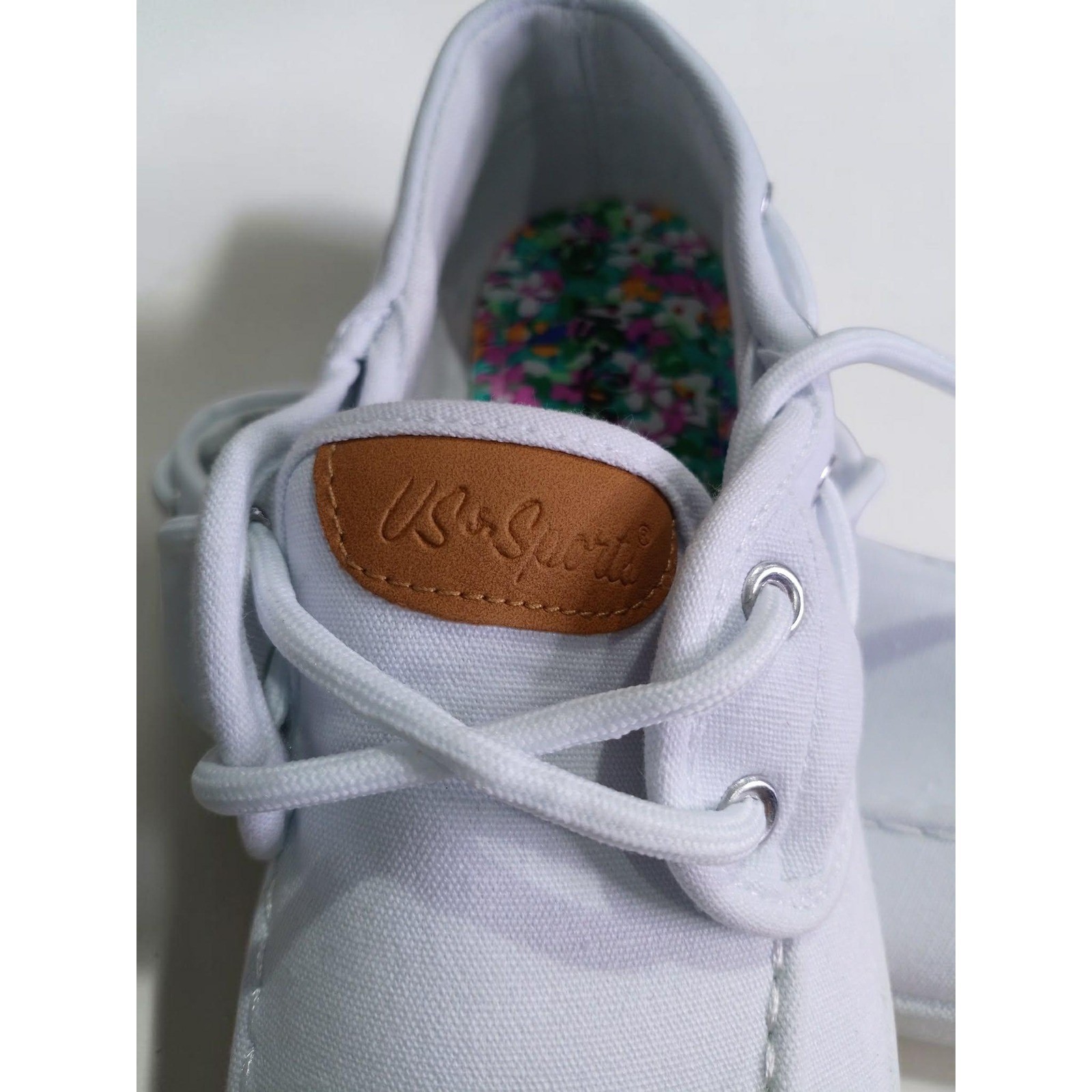 US Sports Womens White Canvas Boat Shoes Nautical Lace Up Loafers Floral Insole