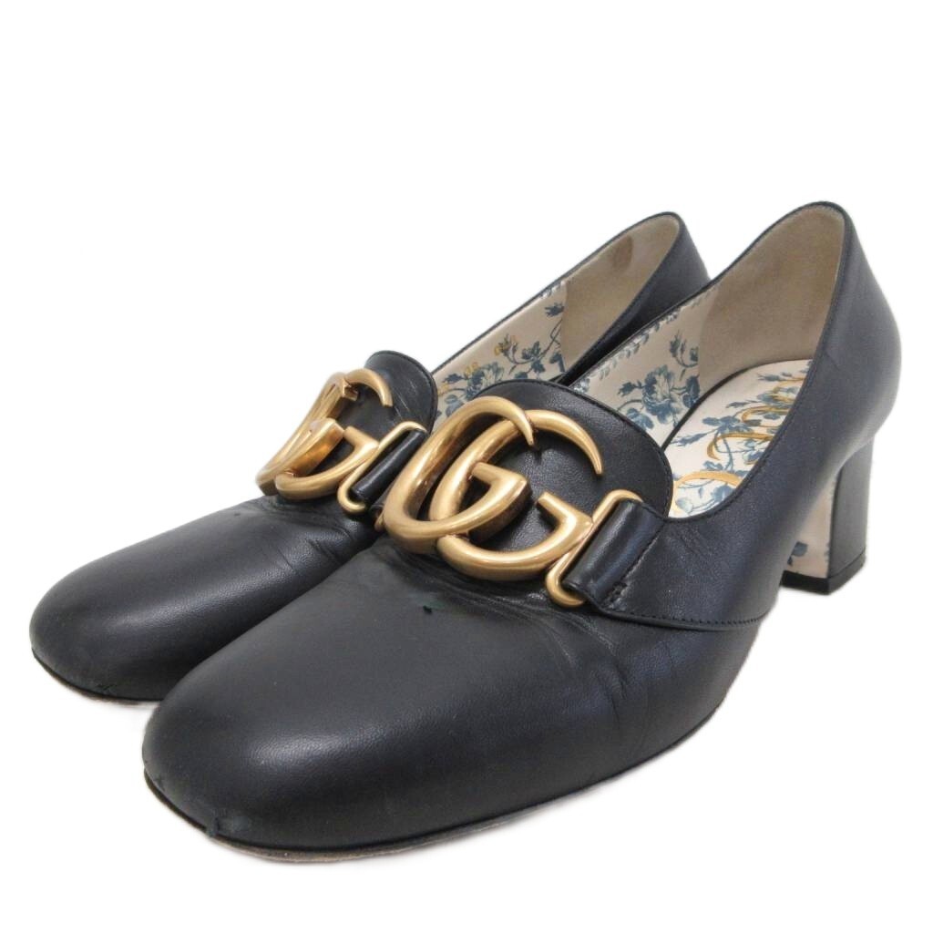 Gucci Pumps GG Marmont Square Toe Chunky Heel Leather Black Size EU38/US8