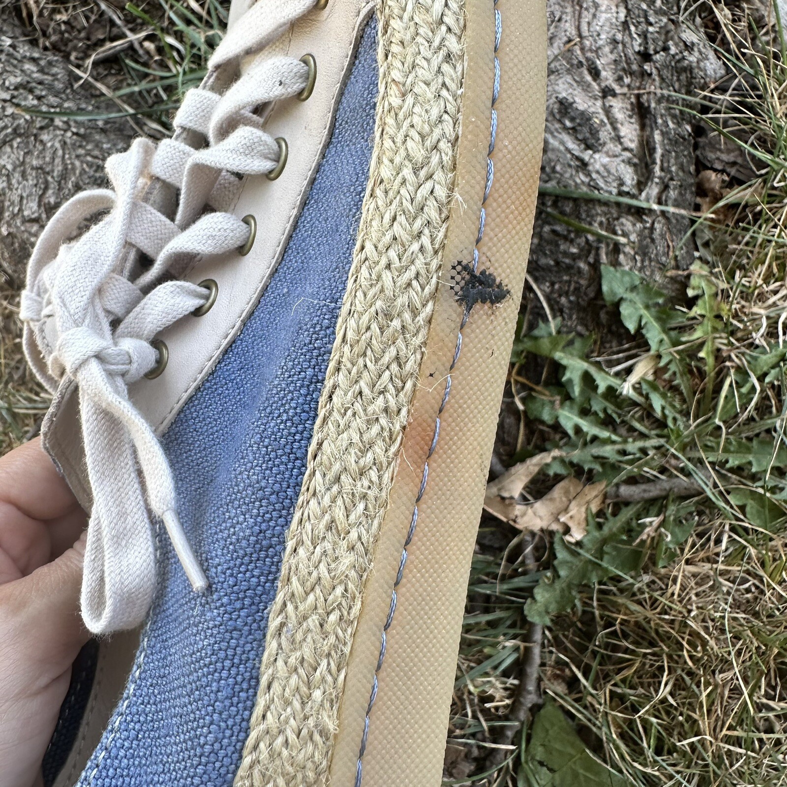 Born Corfield Blue Canvas Leather Espadrille Sneakers 9M Floral Insole Coastal