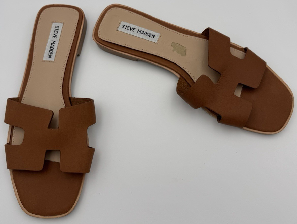 Steve Madden Womens Hawthrone Cognac Brown Solid Slide Sandals 9.5 Medium (B,M)