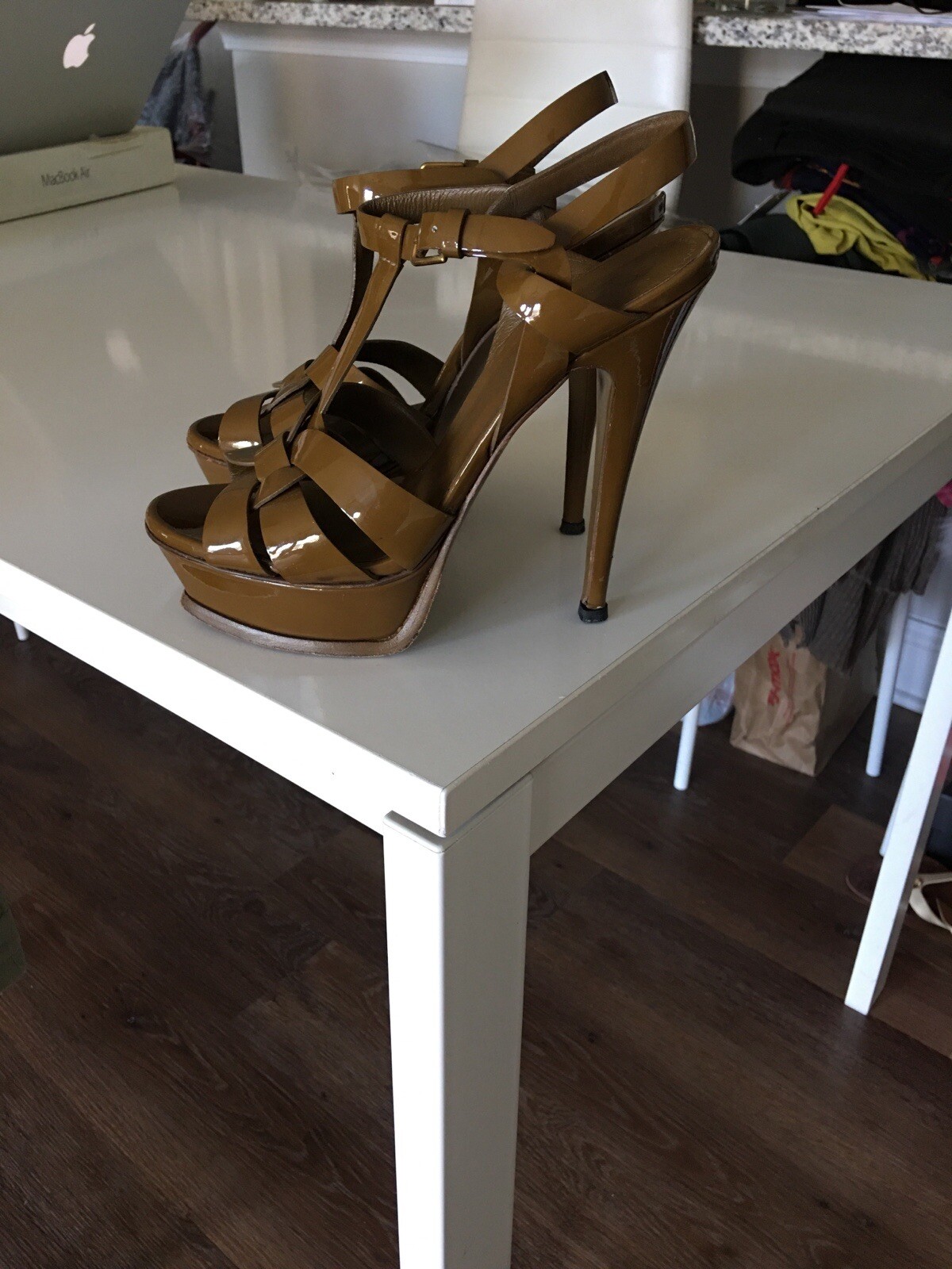 YSL YVES SAINT LAURENT TRIBUTE 105 PATENT LEATHER TAN HEELS SHOES SZ IT 36 US 6