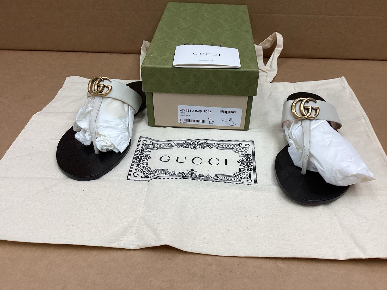 Gucci GG Marmont Thong Sandal , Gold / Black , White Leather , Sz 42