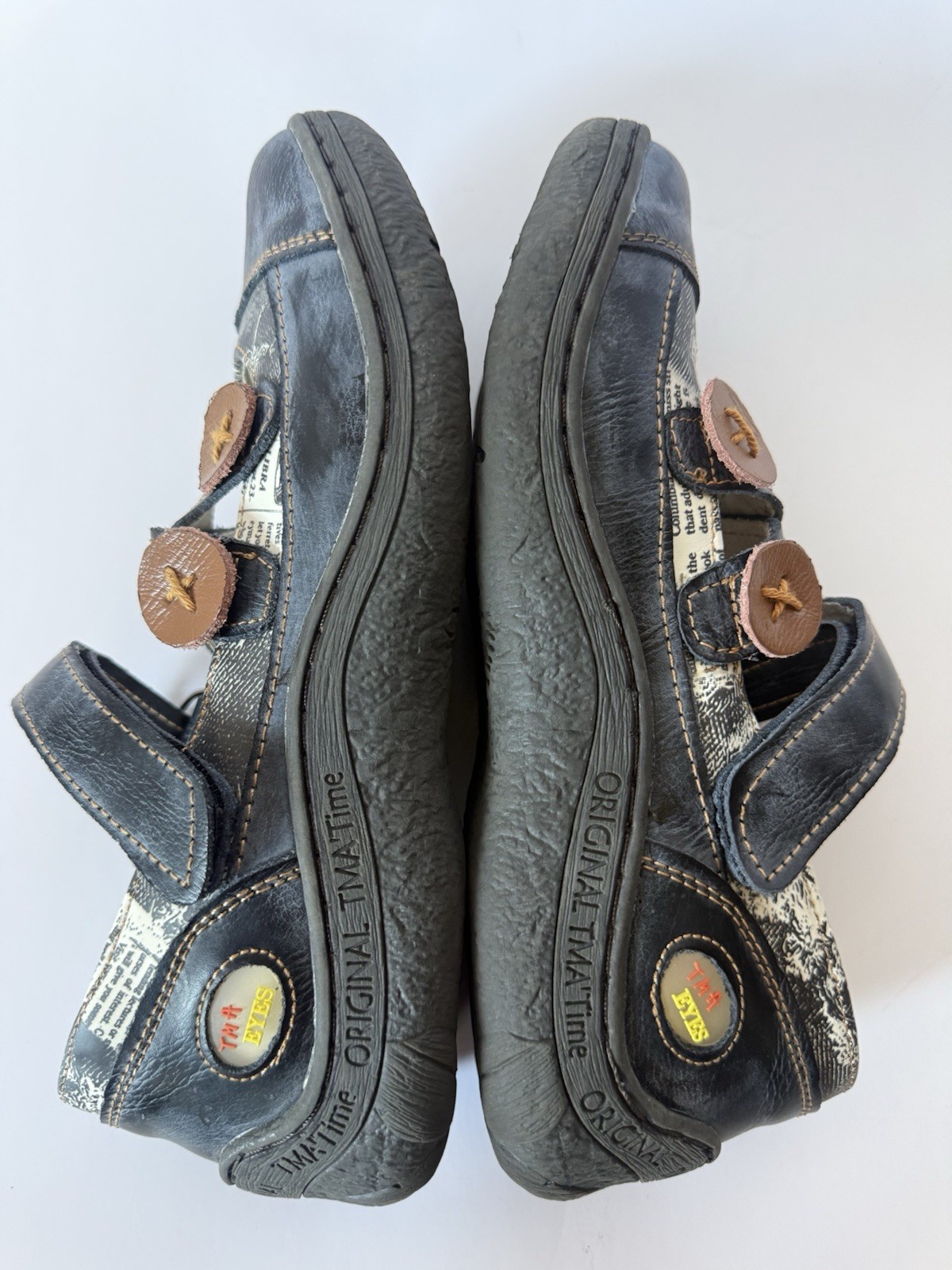 TMA Eyes Blue Black Leather Newspaper Mary Jane Shoes Women’s 7.5 Germany
