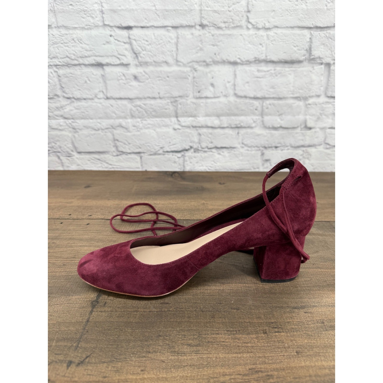 Loeffler Randall Clara Burgundy Suede Ankle Wrap Block Heel Pumps 9B Balletcore
