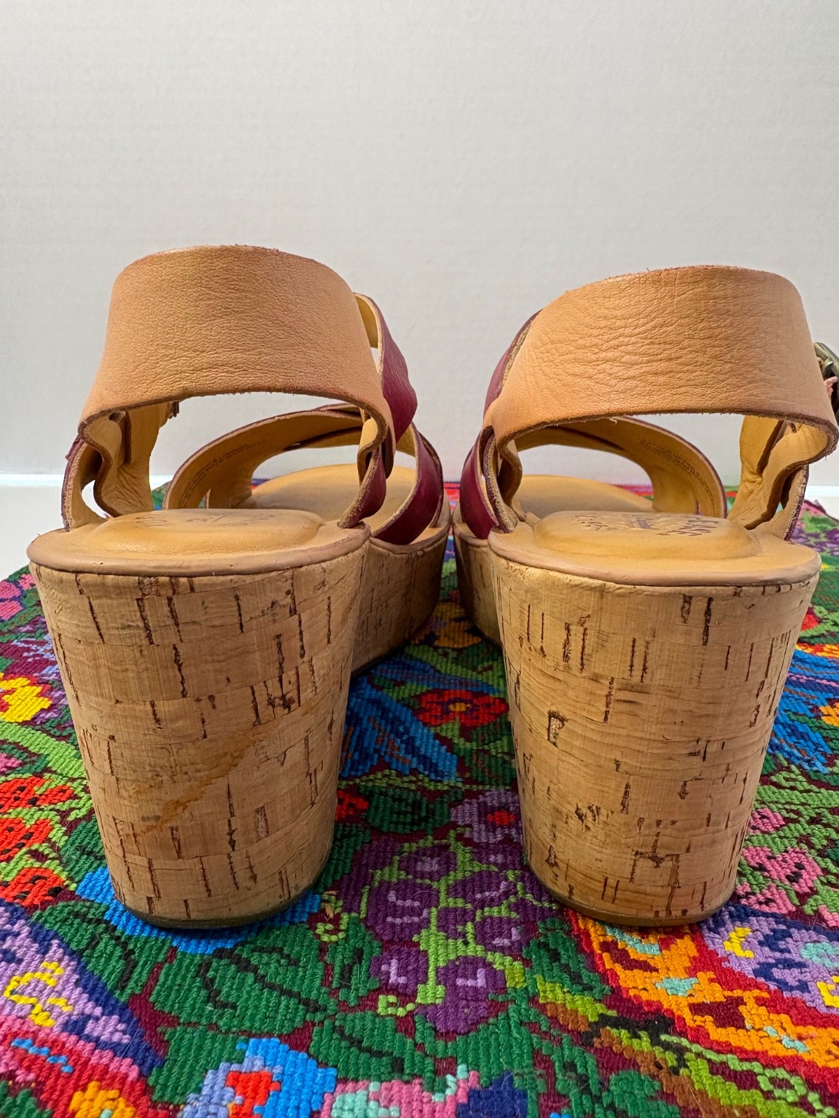 Cork-Ease Cork Platform Sandal Maroon Leather w/Buckle Ankle Strap SZ 8/39 EUC