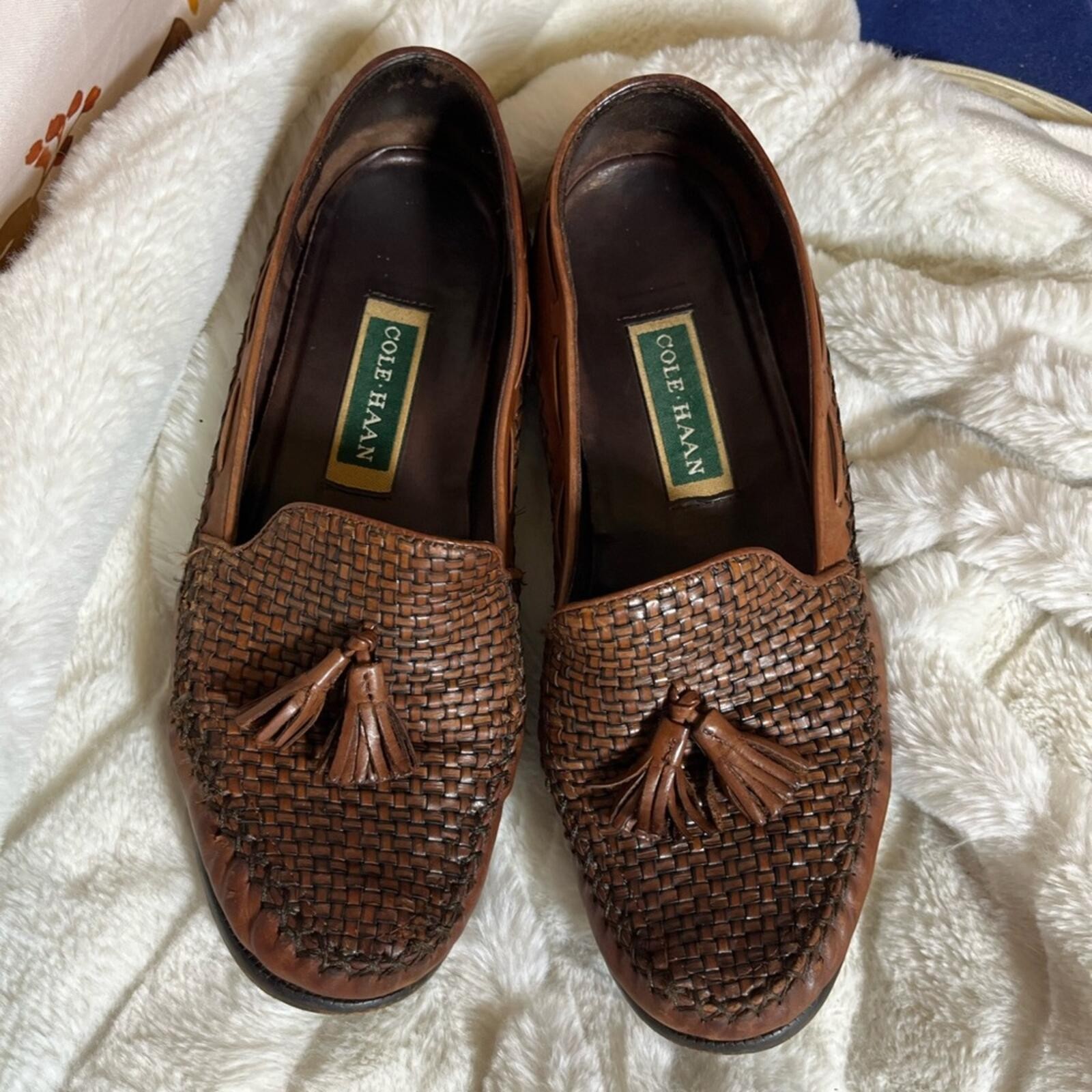 Cole Haan Womens 9.5B Vintage Brown Woven Leather Tassel Moccasin Workwear Shoes