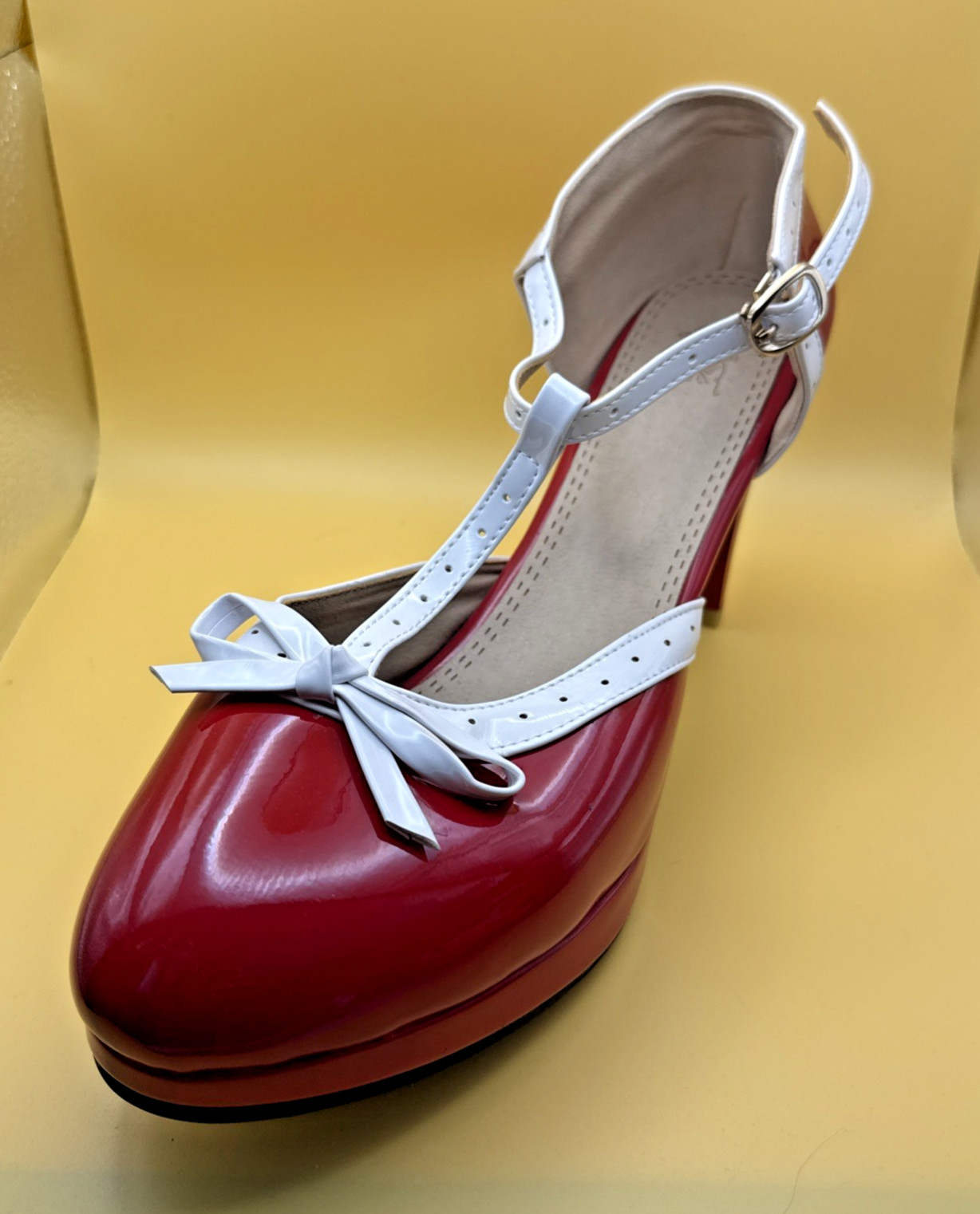 ForeMode Fashion T-Strap Bow Platform Round Toe High Heels Red/White sz 12.5
