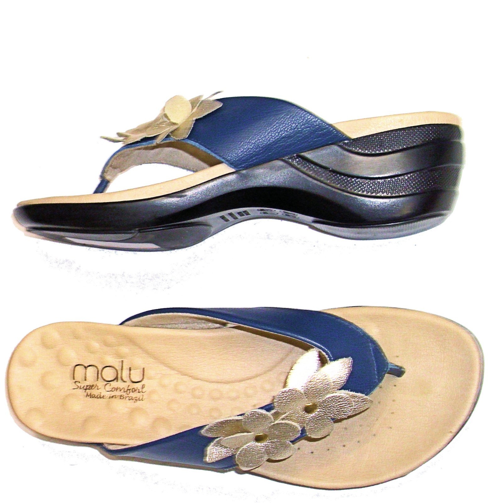 new MALU – BRAZIL 9 Navy Leather Gold FLOWER Wedge Slide Toe Post Thong Sandals
