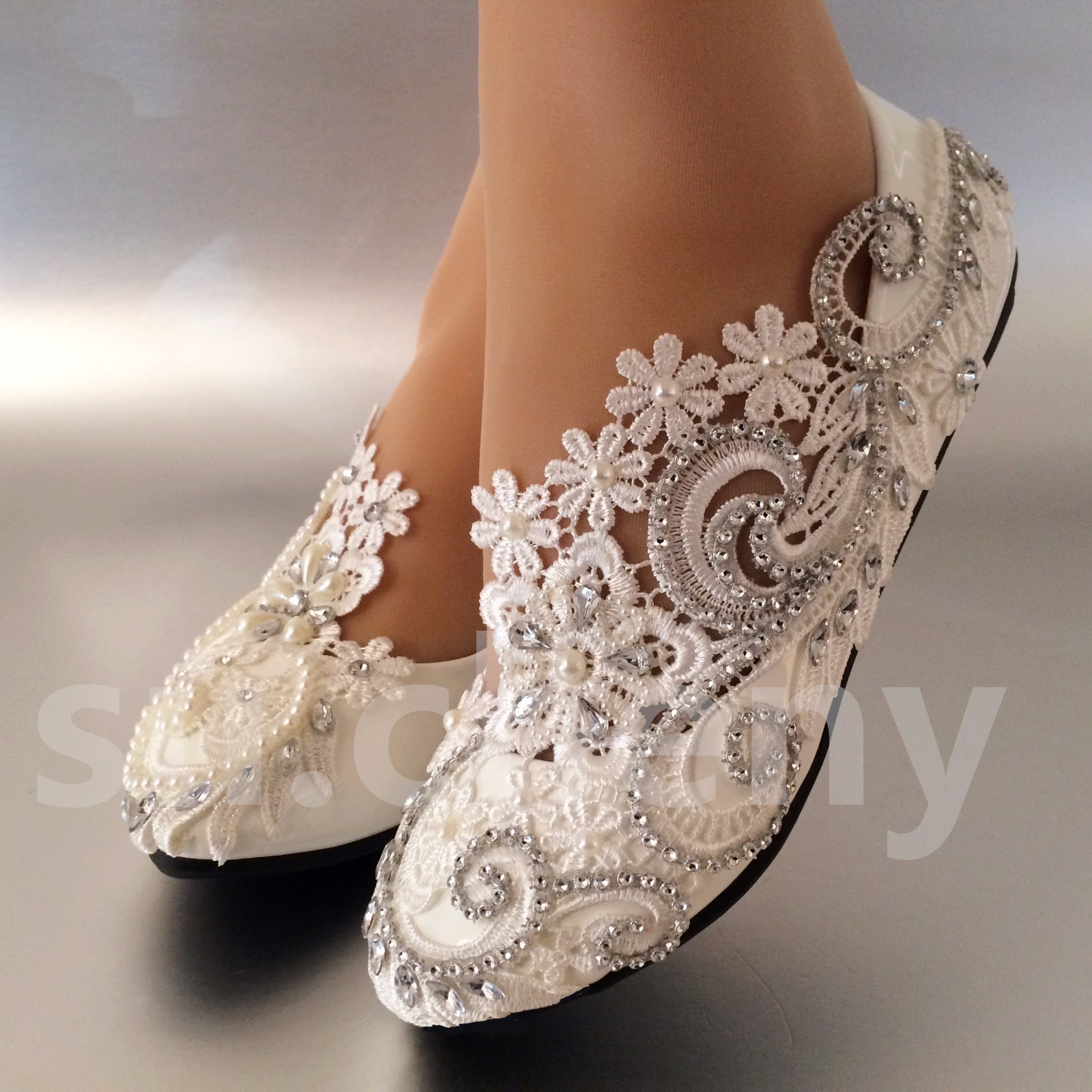 su.cheny White ivory pearls rhinestones lace flat Wedding shoes Bridal size 5-13