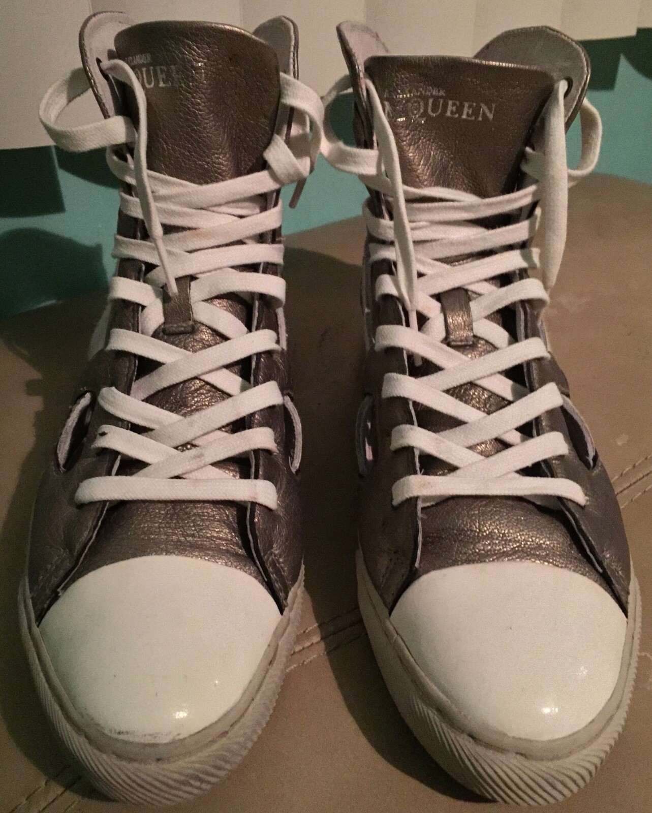 Women’s Puma Alexander McQueen AMQ Mid Cut Out Antique Gold Brown White Size 9